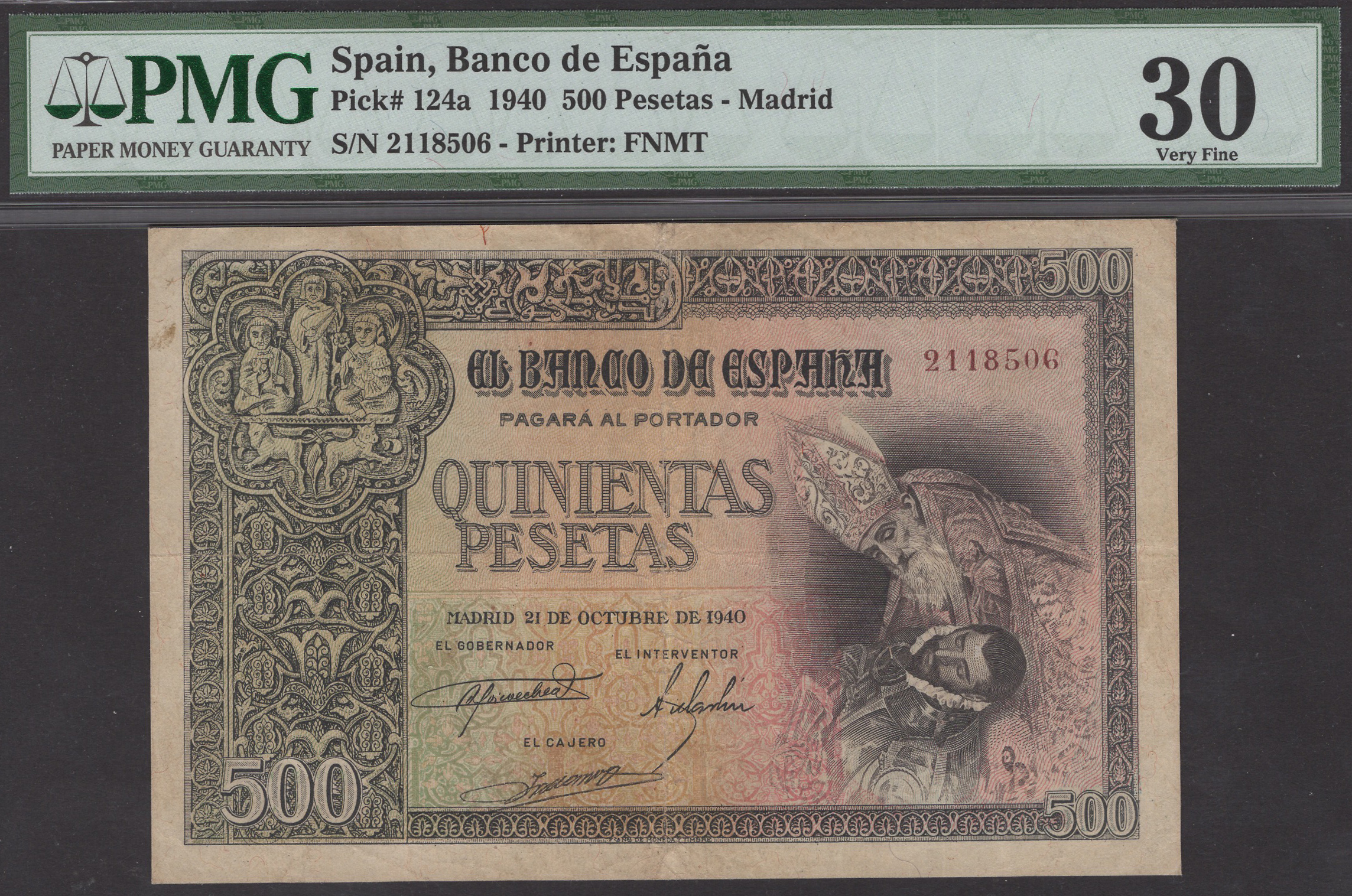 Banco de Espana, 500 Pesetas, 21 October 1940, serial number 2118506, in PMG holder 30,...