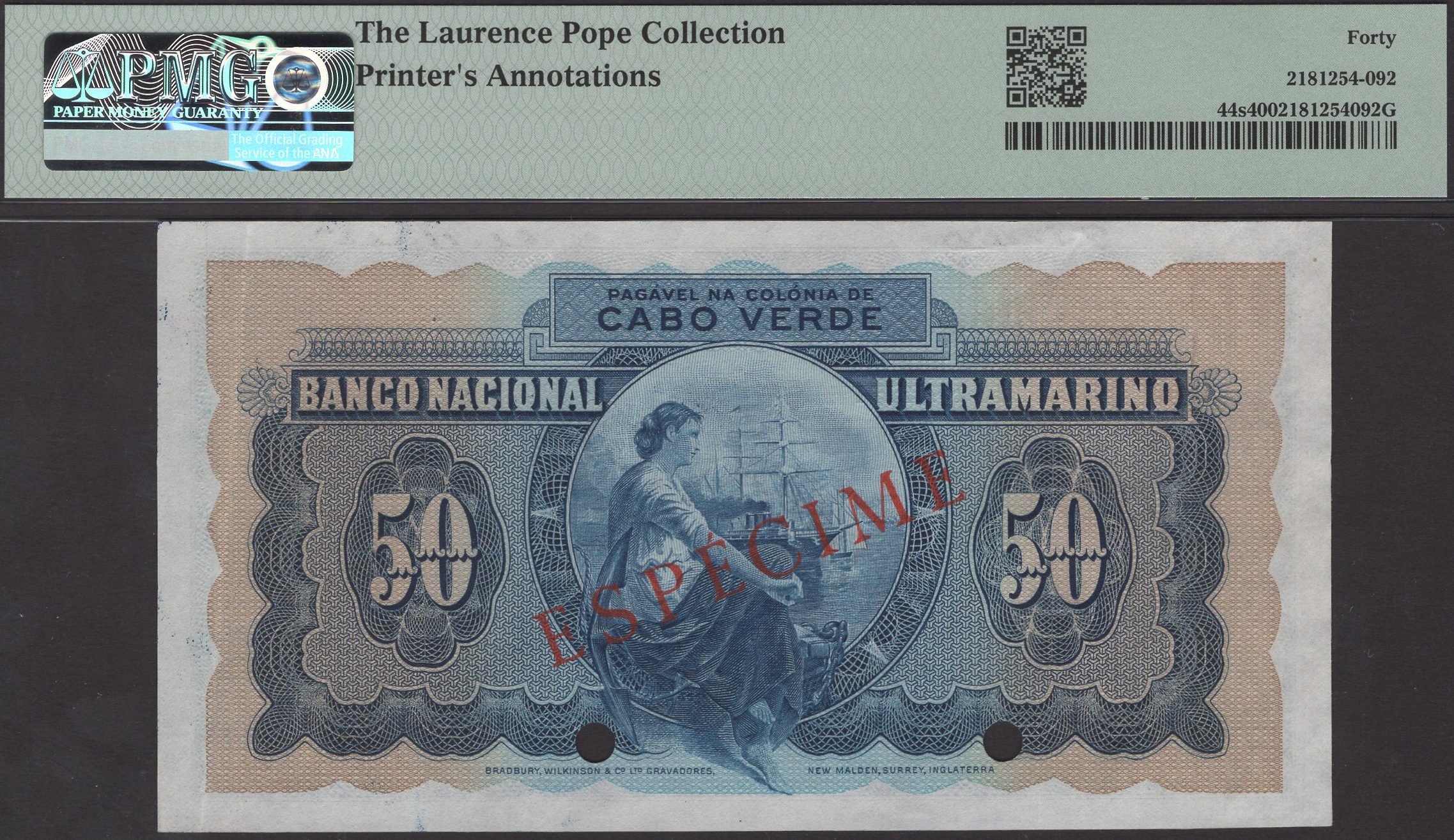 Banco Nacional Ultramarino, Cape Verde, specimen 50 Escudos, 16 November 1945, no serial... - Bild 2 aus 2