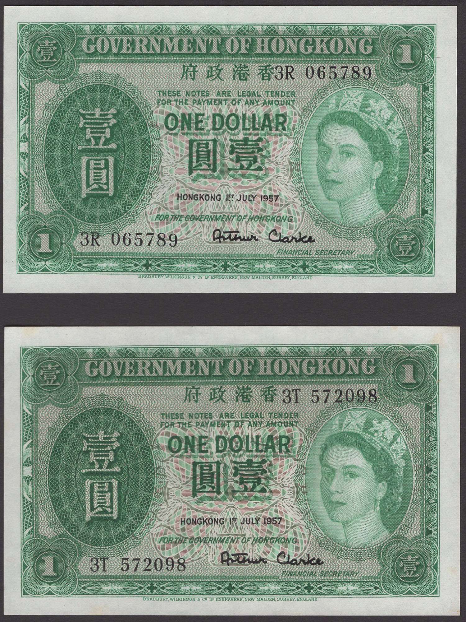 Government of Hong Kong, $1 (5), 1 July 1957, prefixes 3R (4) and 3T, Arthur Clarke... - Bild 3 aus 4