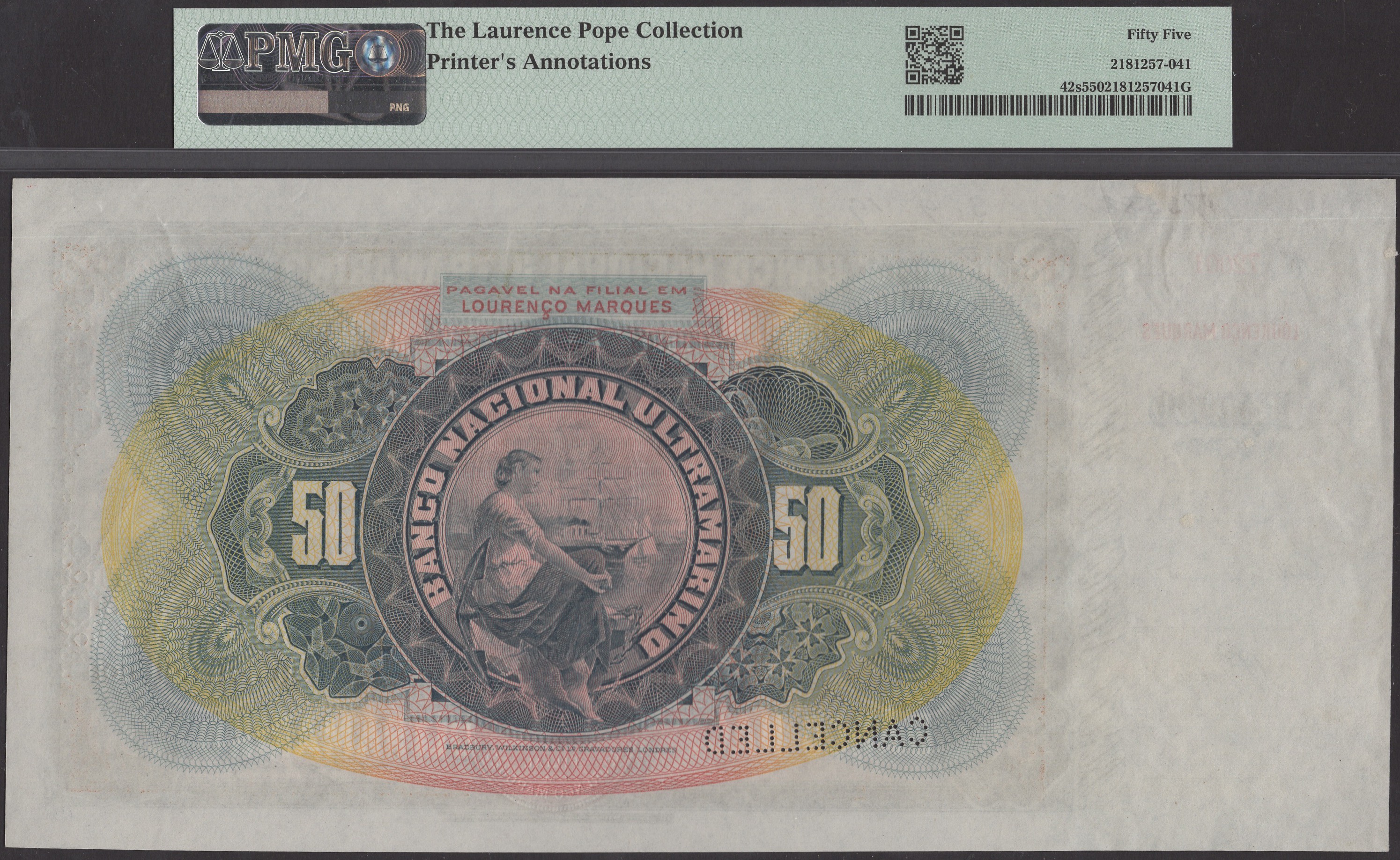 Banco Nacional Ultramarino, Mozambique, printers archival specimen 50 Mil Reis, 1 March... - Image 2 of 2