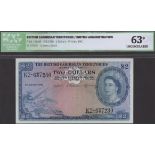 British Caribbean Territories, $2, 2 January 1958, serial number K2-637280, Essex, Waterman...