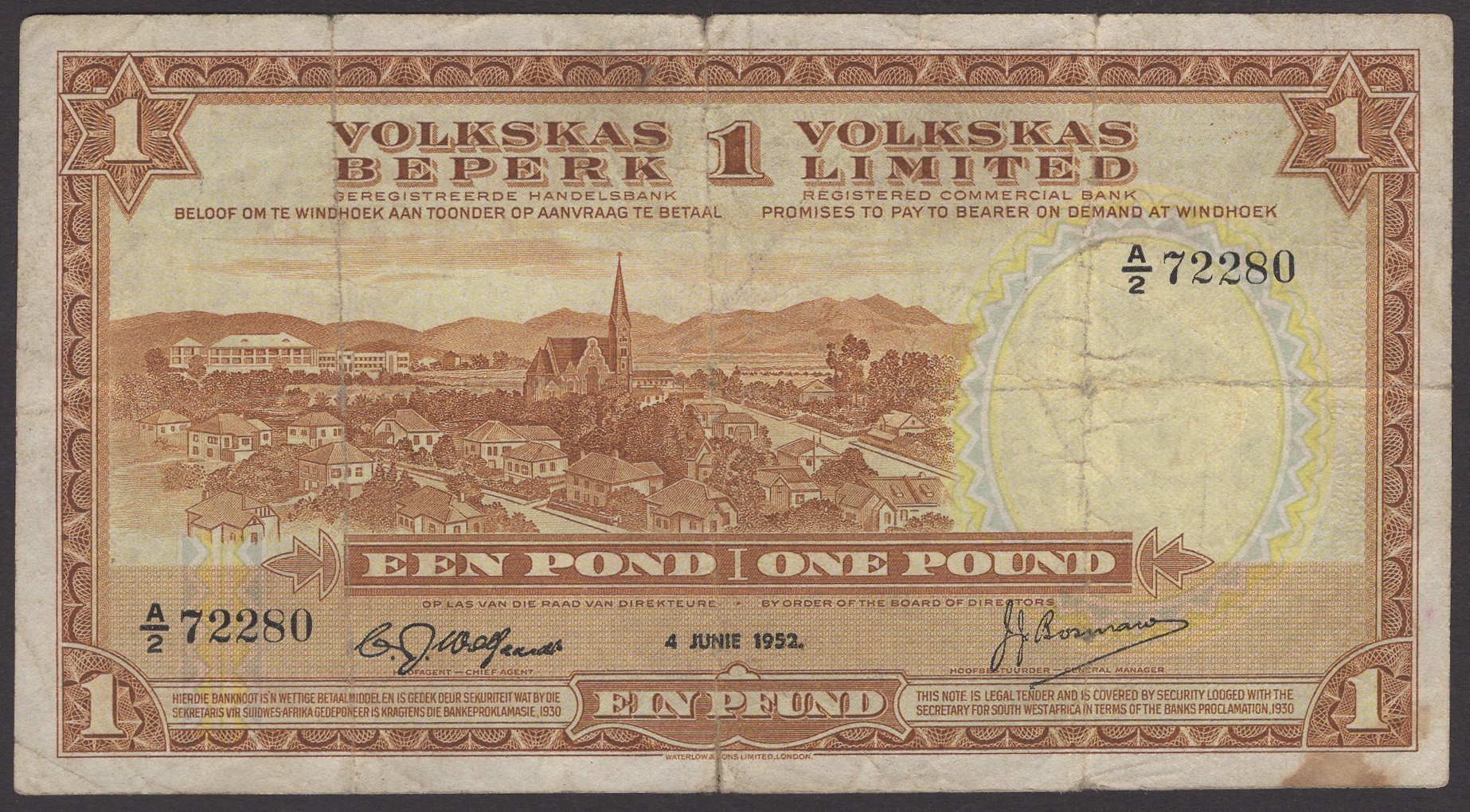 Volskas Bank, Southwest Africa, Â£1, 4 June 1952, serial number A/2 72280, Wolfaardt and...