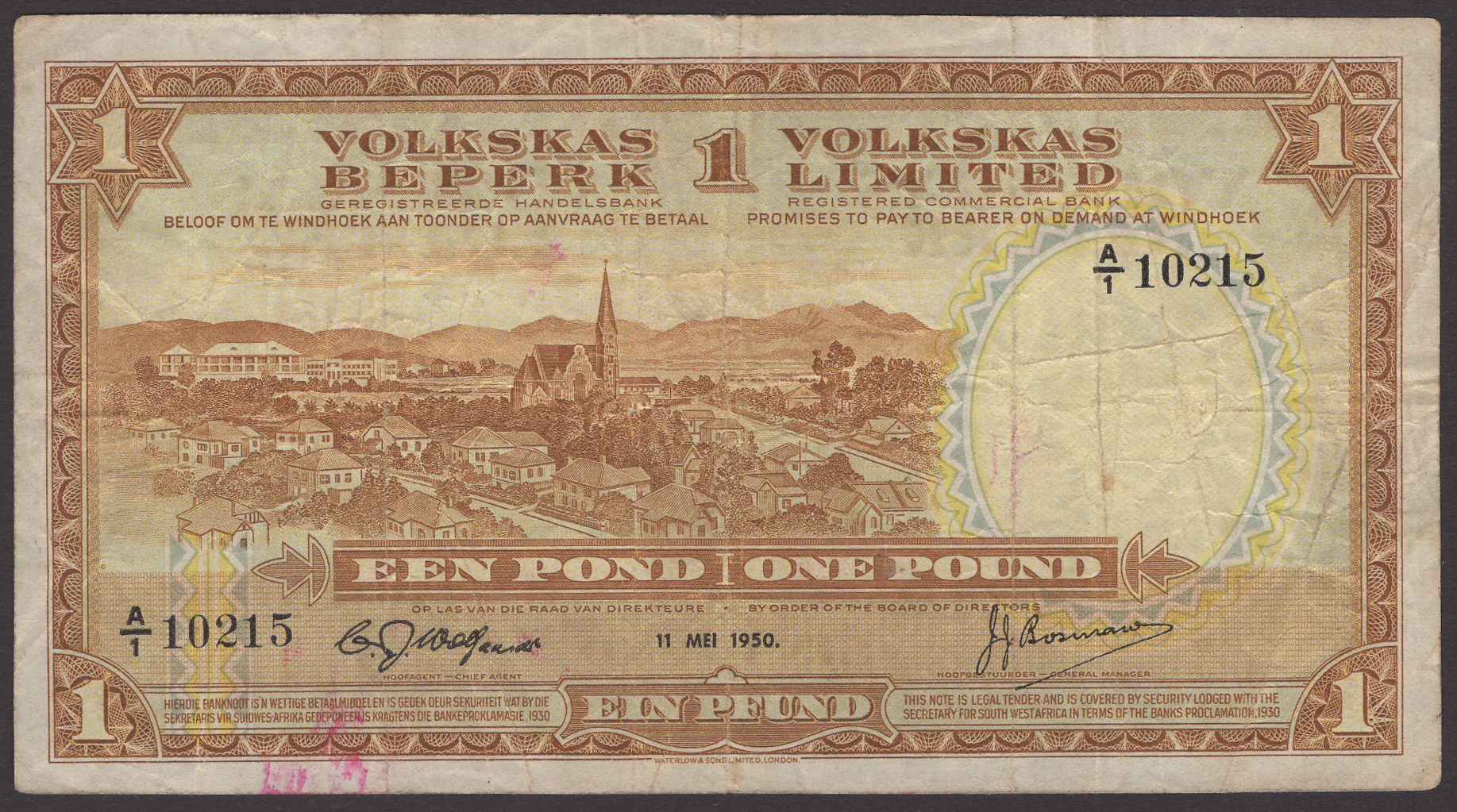 Volksas Bank, Southwest Africa, Â£1, 11 May 1950, serial number A/1 10215, Wolfaardt and...