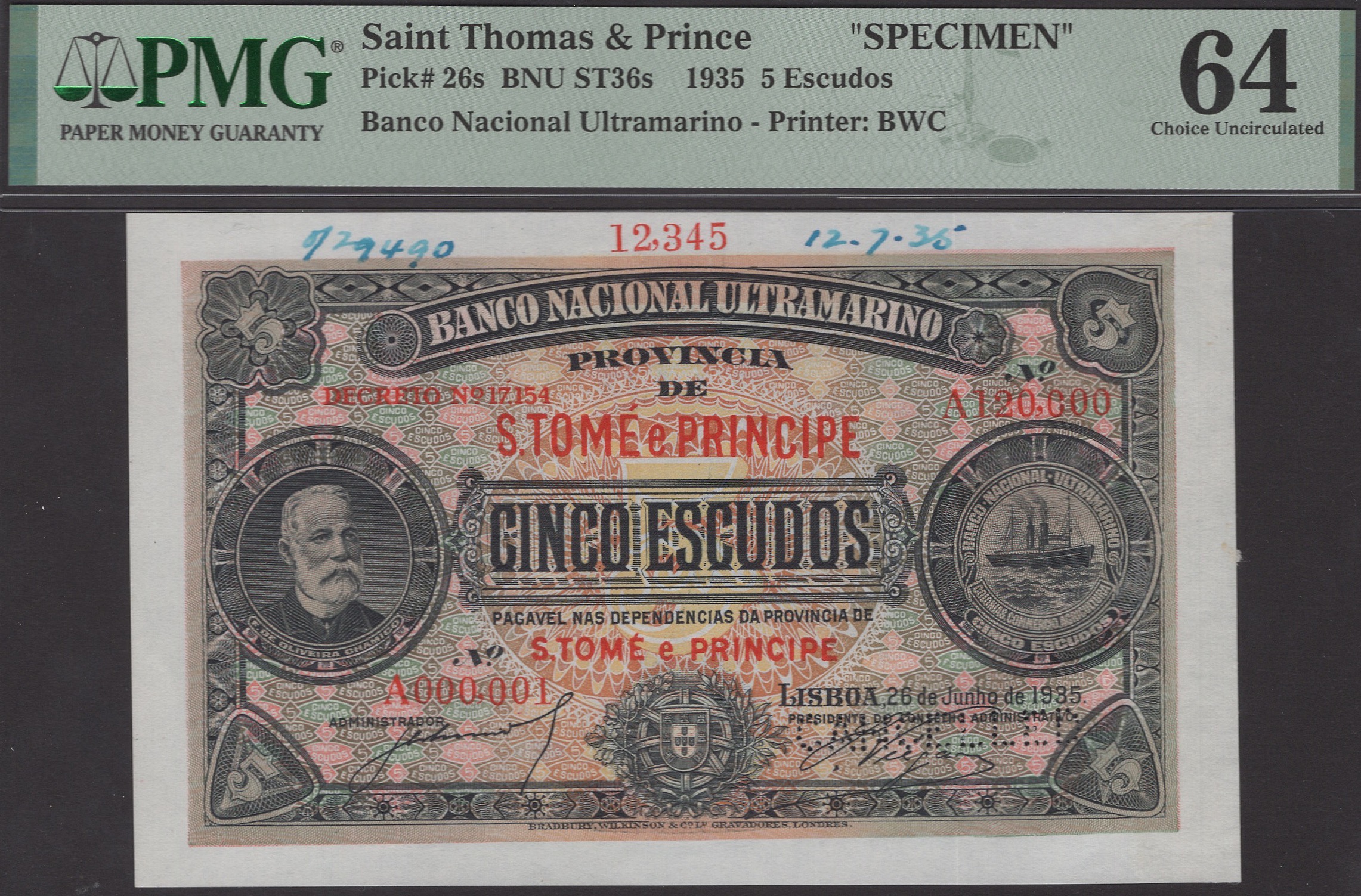 Banco Nacional Ultramarino, St Thomas & Prince, printers archival specimen 5 Escudos, 26...