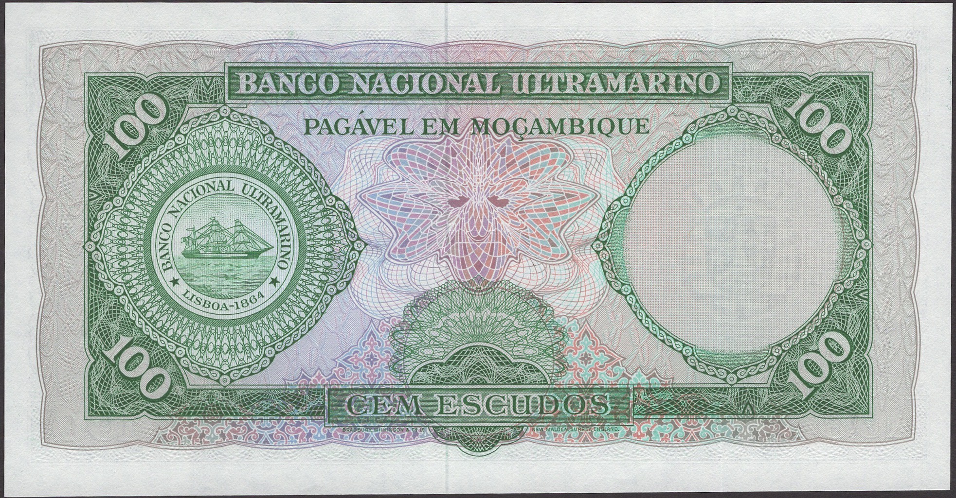 Banco Nacional Ultramarino, Mozambique, colour trial 100 Escudos, ND (1961), no serial... - Bild 2 aus 2