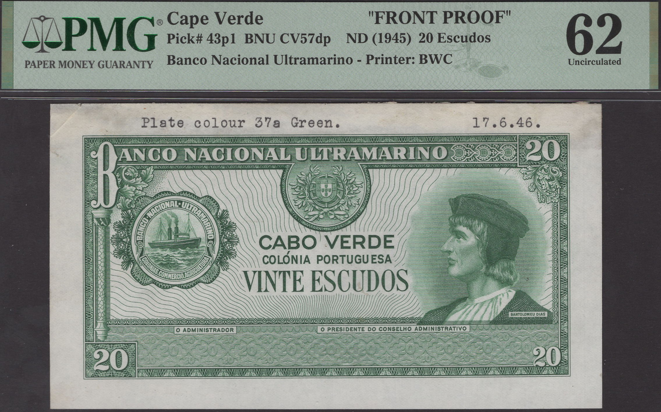 Banco Nacional Ultramarino, Cape Verde, obverse die proof for 20 Escudos, ND (1945), no...