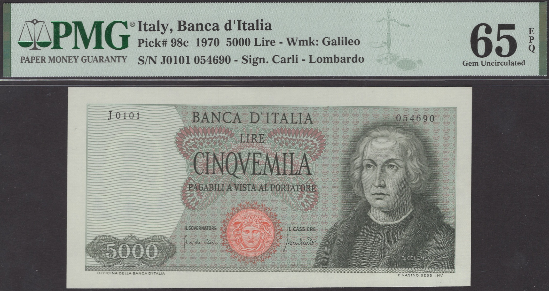 Banca d'Italia, 5000 Lire, 20 June 1970, serial number J0101 054690, Carli and Lombardo...