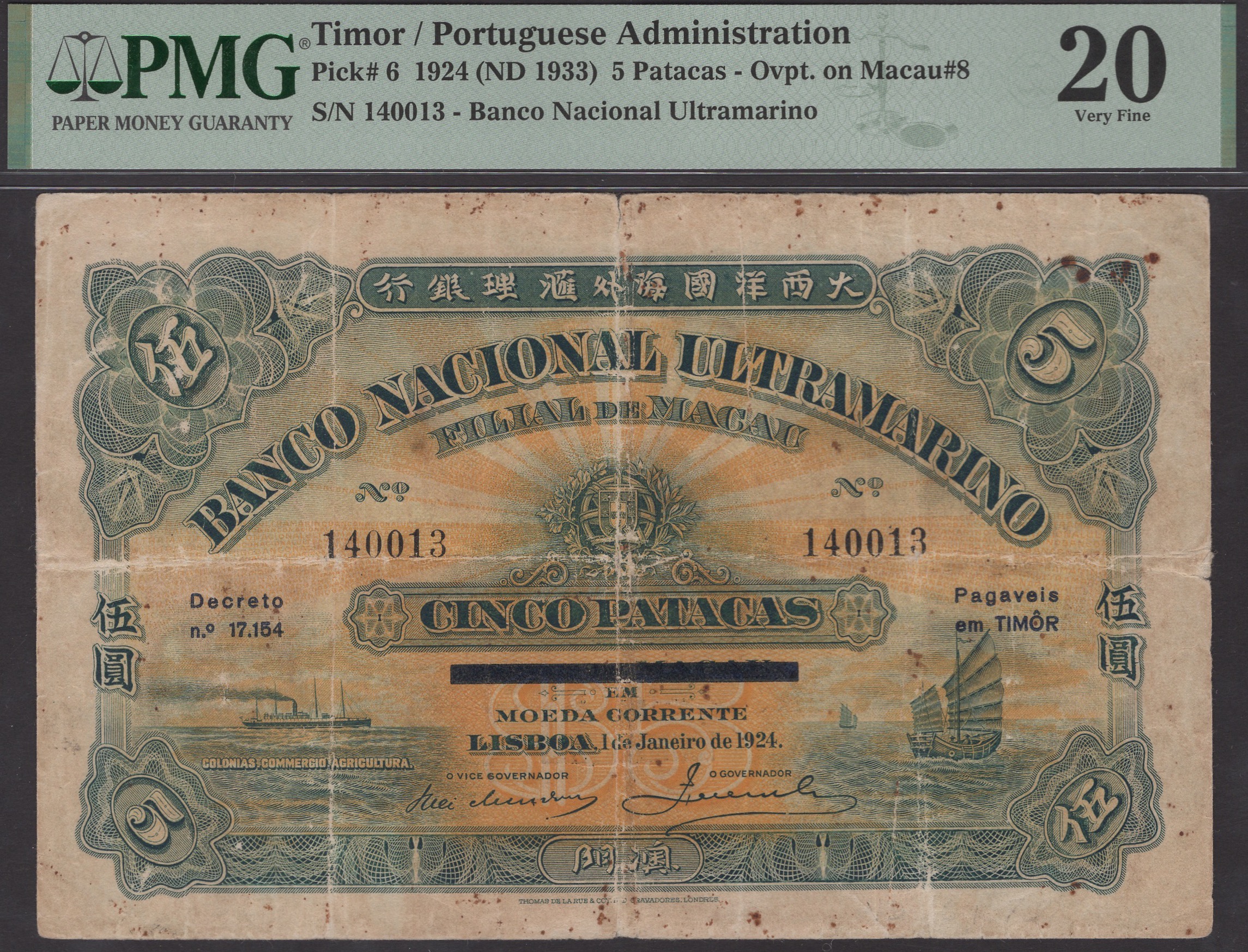 Banco Nacional Ultramarino, Timor, 5 Patacas, 1 January 1924 (1933), serial number 140013,...