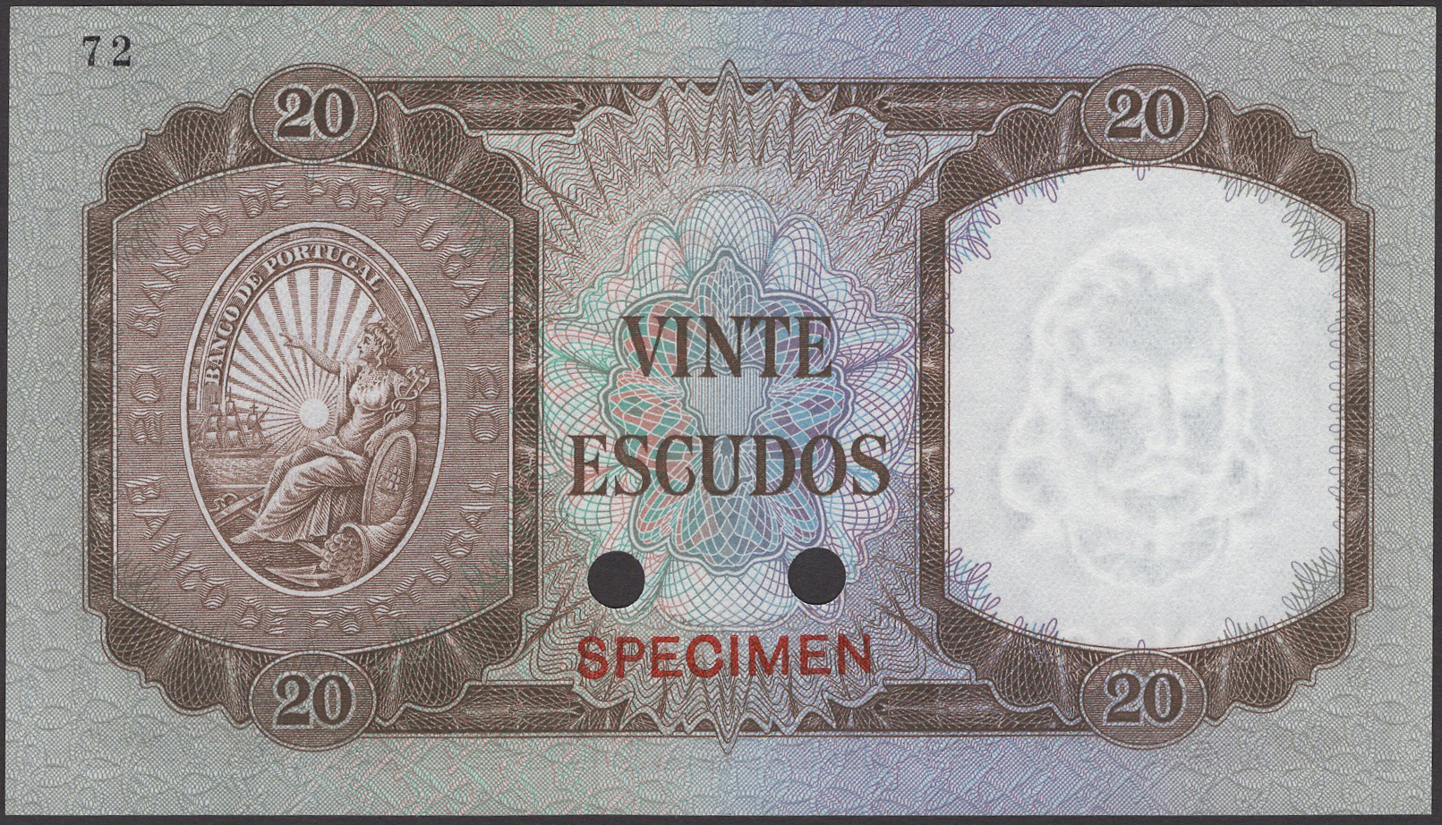 Banco de Portugal, colour trial 20 Escudos, ND (1960), no serial numbers, red SPECIMEN and... - Bild 2 aus 2