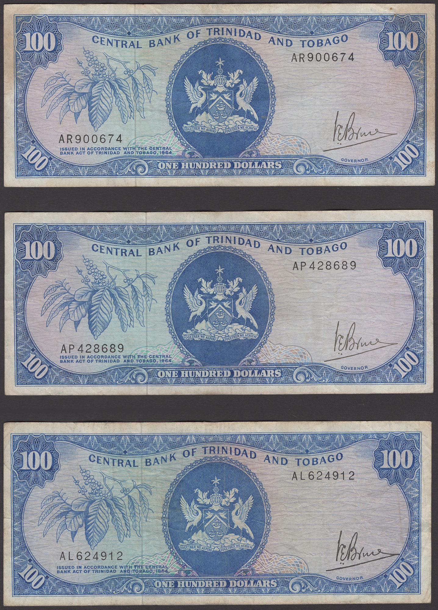 Central Bank of Trinidad and Tobago, $100 (3), 1964 (1977), serial numbers AL624912,...