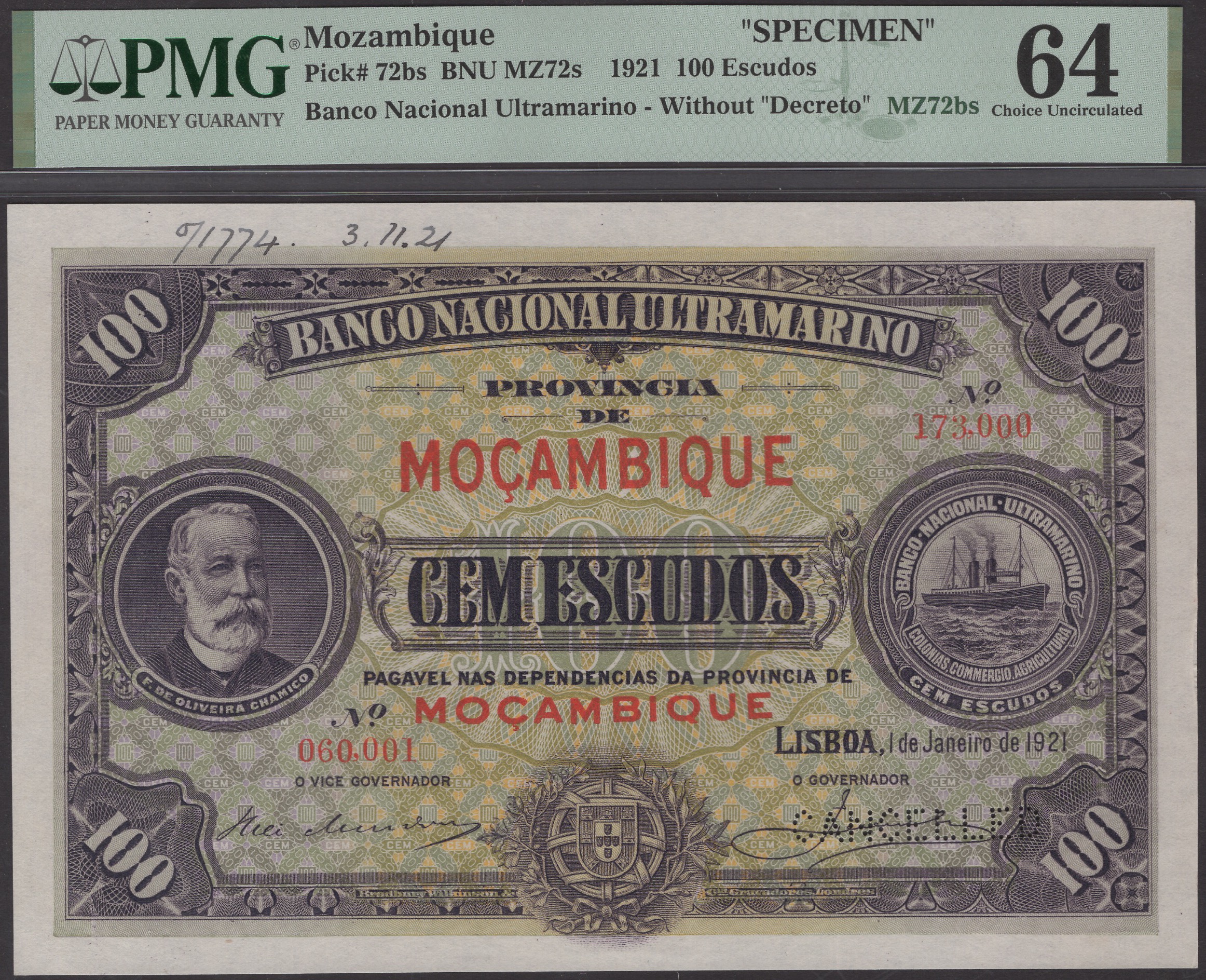 Banco Nacional Ultramarino, Mozambique, printers archival specimen 100 Escudos, 1 January...