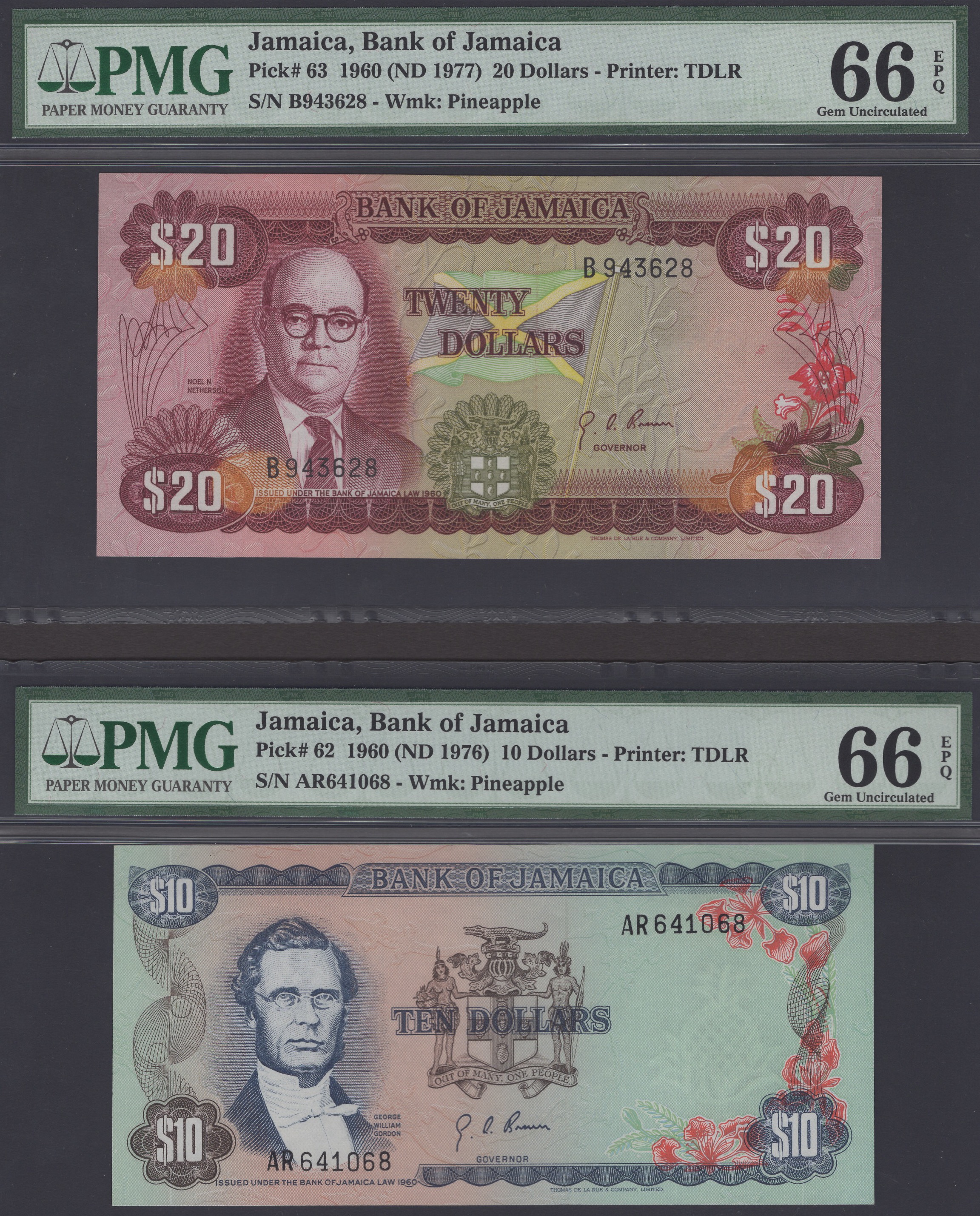 Bank of Jamaica, $10, 1960 (1976), serial number AR641068, also $20, serial number B943628,...