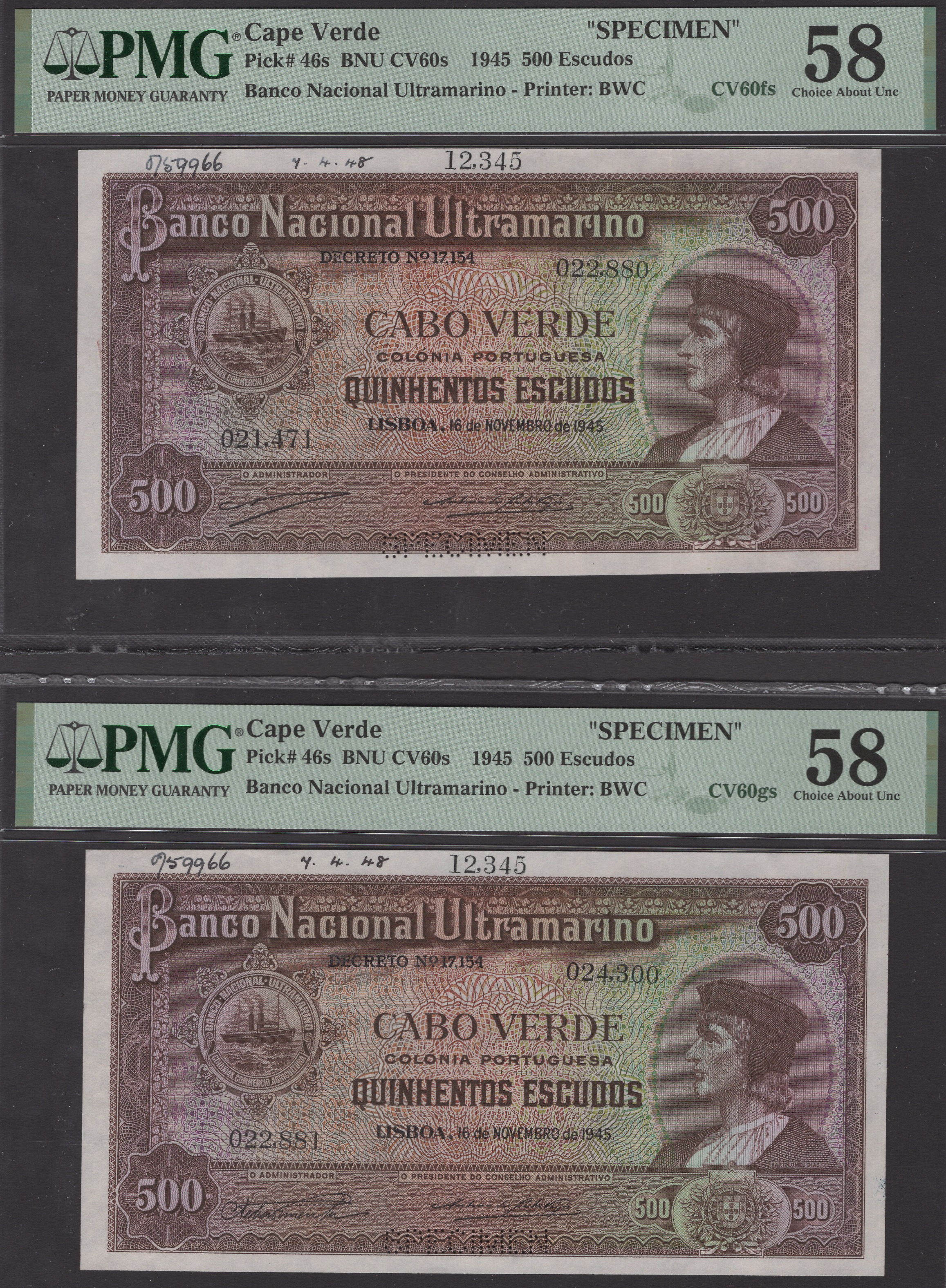 Banco Nacional Ultramarino, Cape Verde, printers archival specimen 500 Escudos (3), 16...