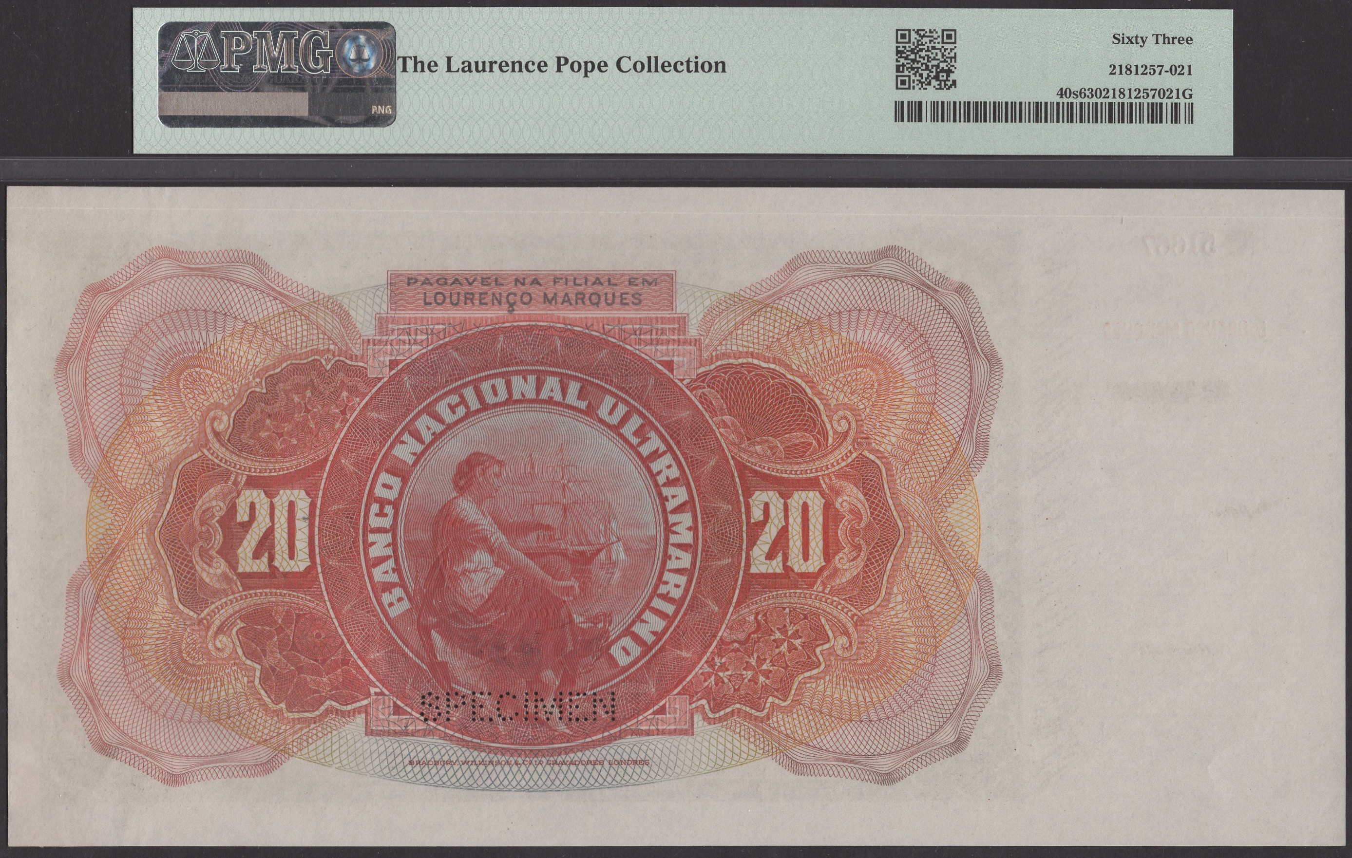 Banco Nacional Ultramarino, Mozambique, printers archival specimen 20 Mil Reis, 1 March... - Image 2 of 2