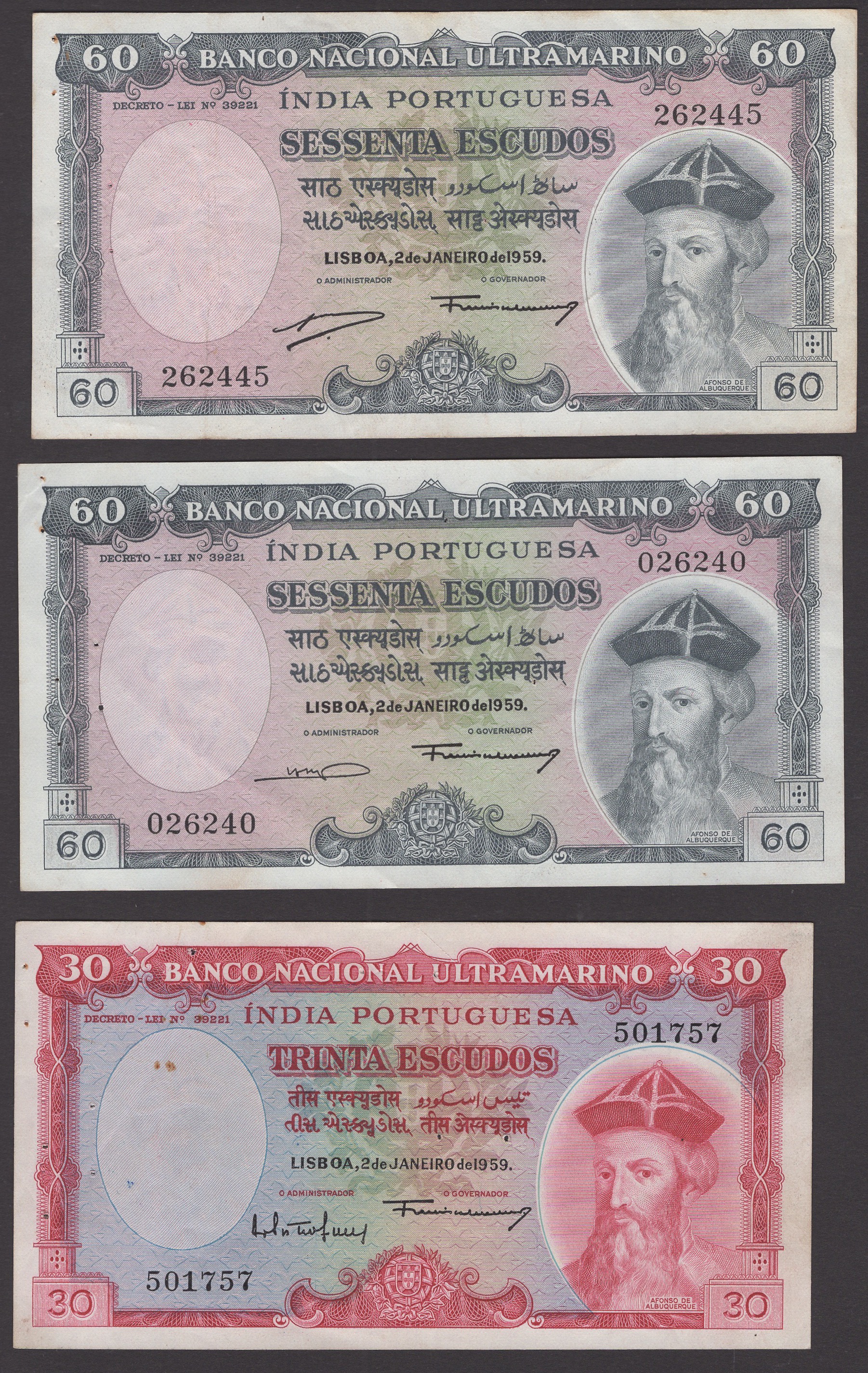 Banco Nacional Ultramarino, Portuguese India, 30 Escudos, 2 January 1959, serial number...