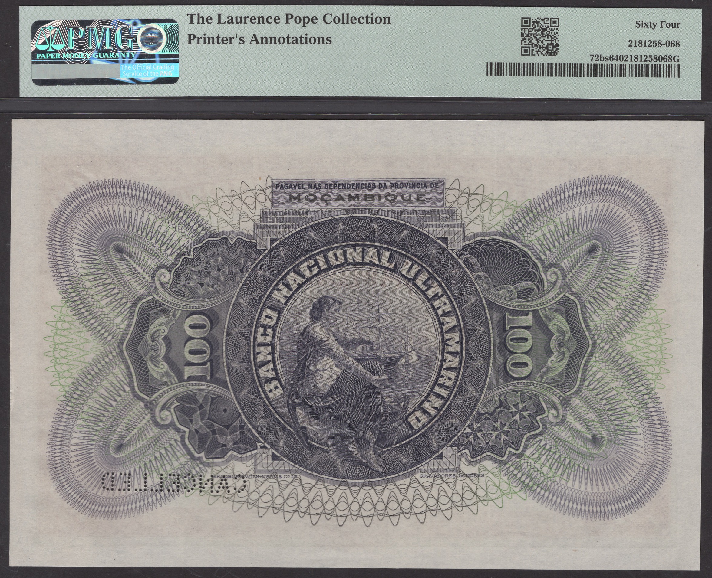 Banco Nacional Ultramarino, Mozambique, printers archival specimen 100 Escudos, 1 January... - Image 2 of 2