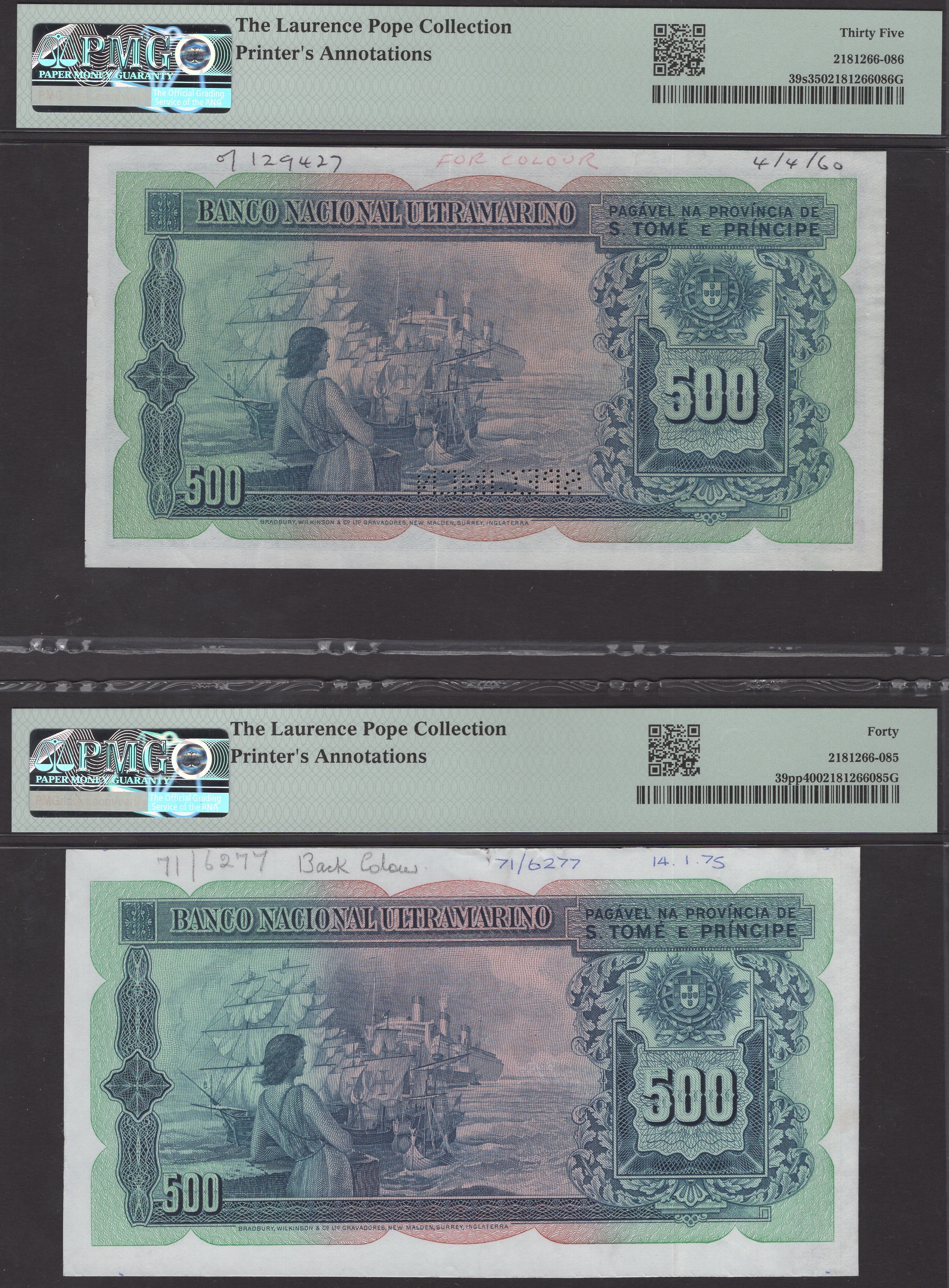 Banco Nacional Ultramarino, St Thomas & Prince, several proofs for the 500 Escudos of 1956,... - Bild 2 aus 4
