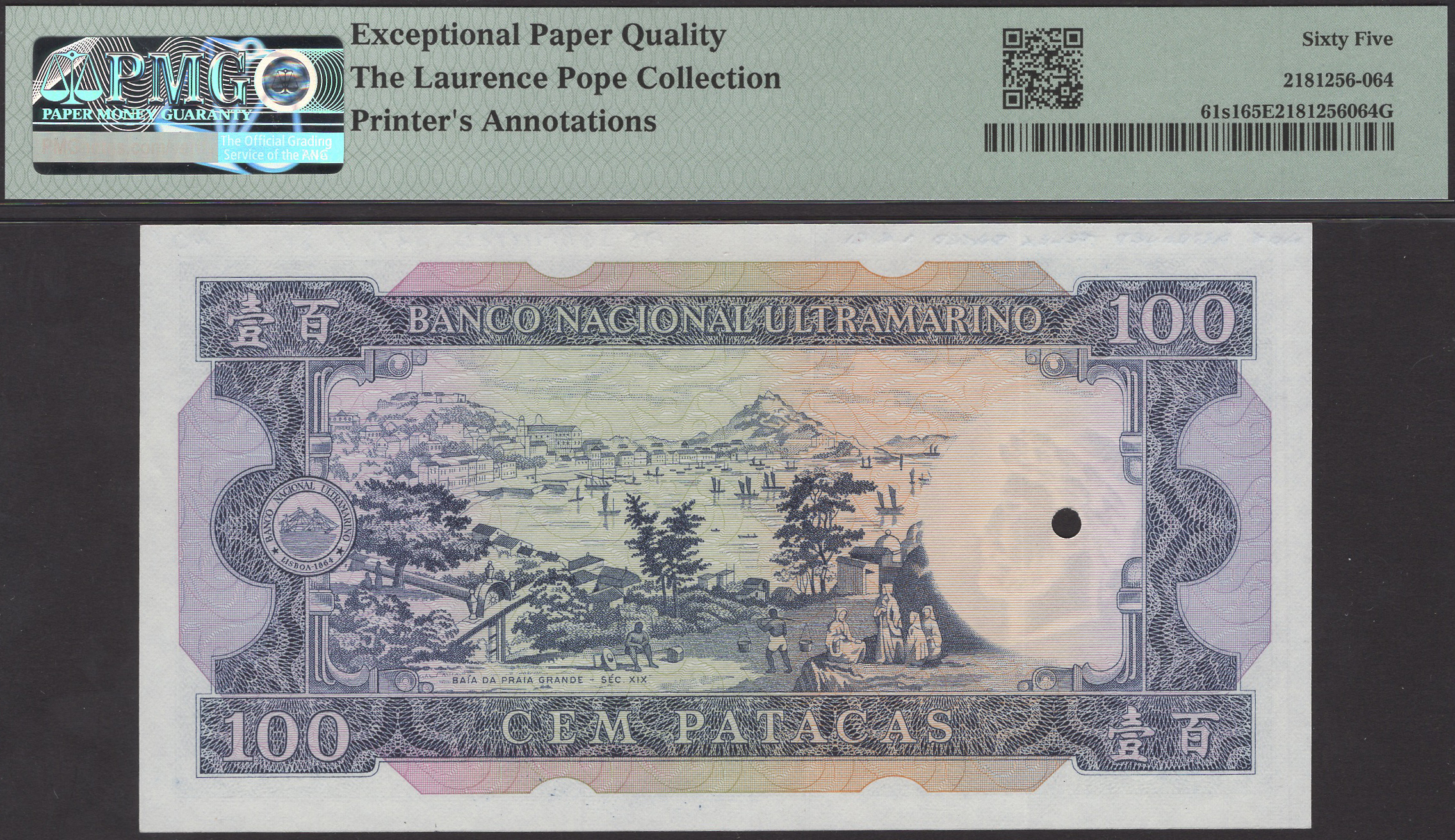 Banco Nacional Ultramarino, Macau, a rejected specimen with an unissued date for 100... - Image 2 of 2