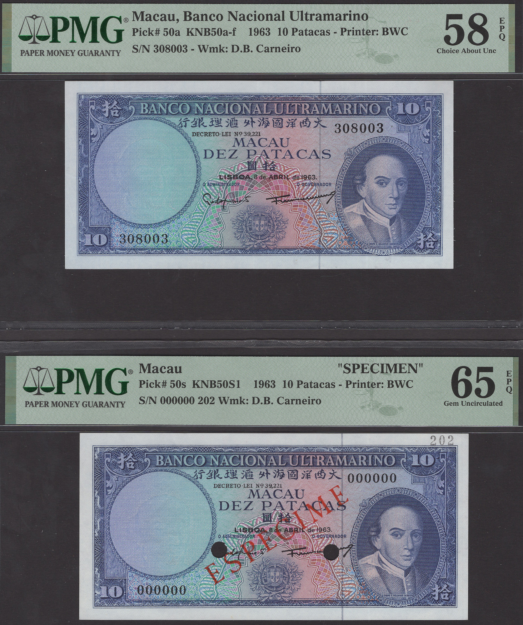 Banco Nacional Ultramarino, Macau, specimen 10 Patacas, 8 April 1963, serial number 000000,...