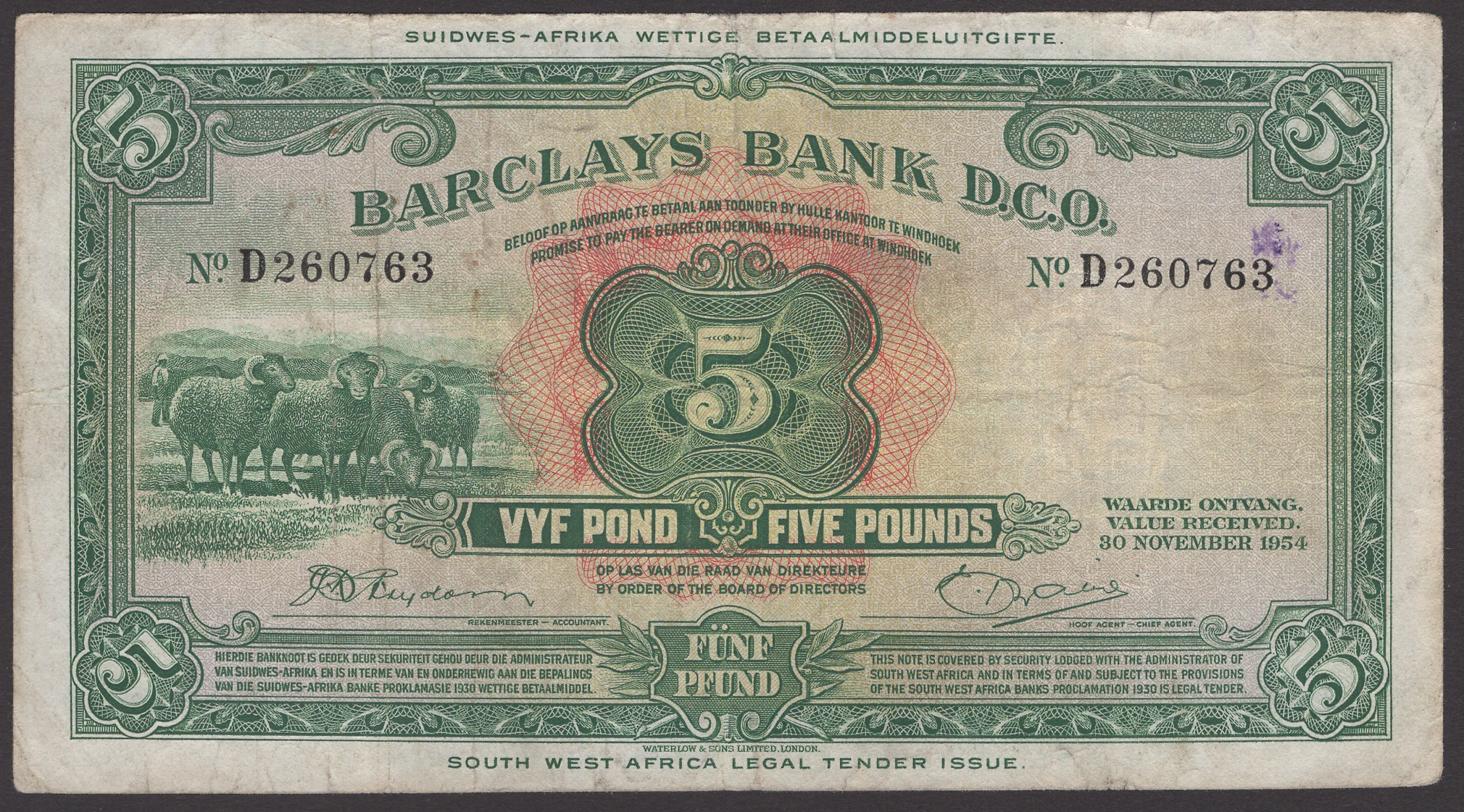 Barclays Bank (Dominion, Colonial and Overseas), Southwest Africa, Â£5, 30 November 1954,...