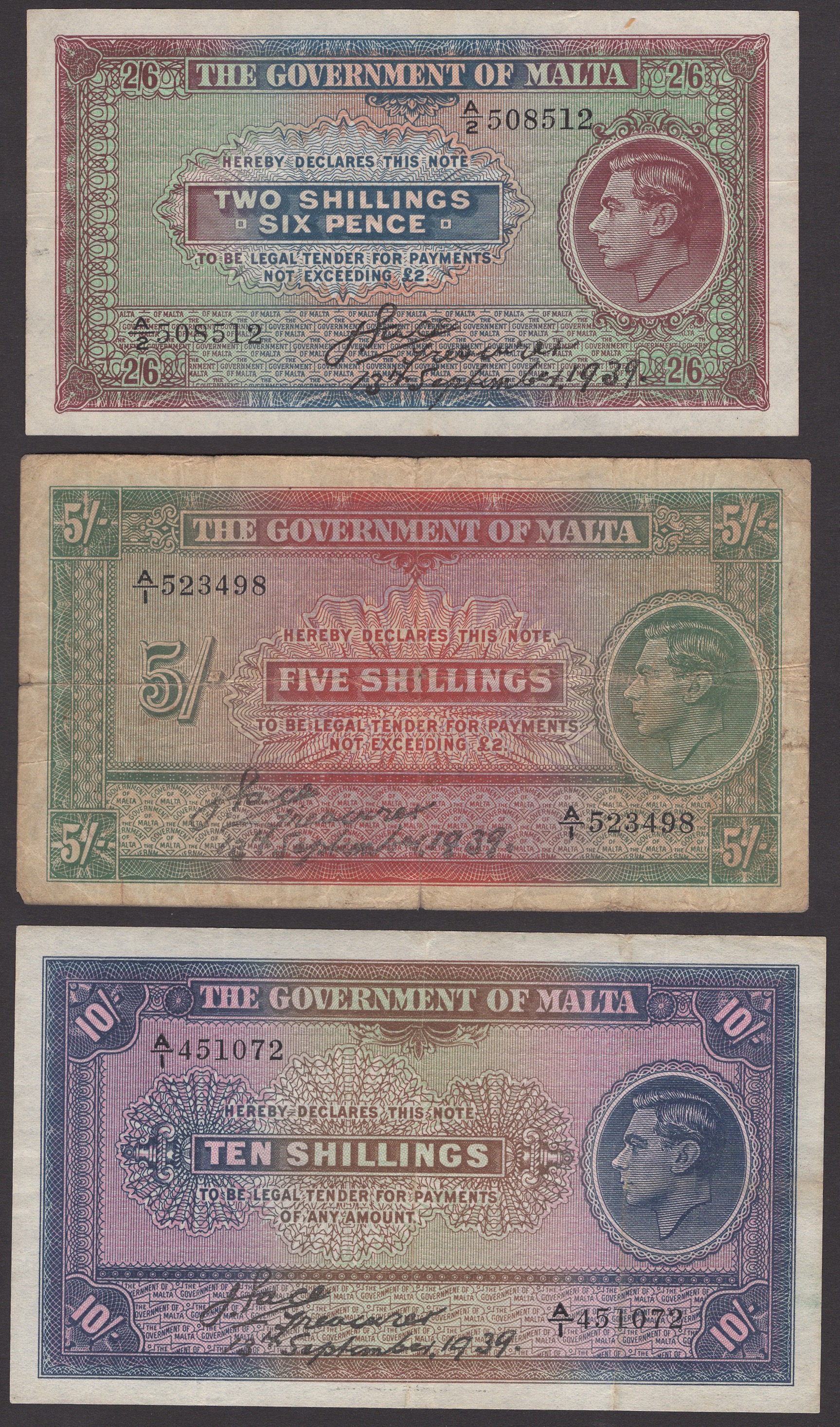 Government of Malta, 2 Shillings and 6 Pence, 5 Shillings, 10 Shillings and Â£1, all 13...