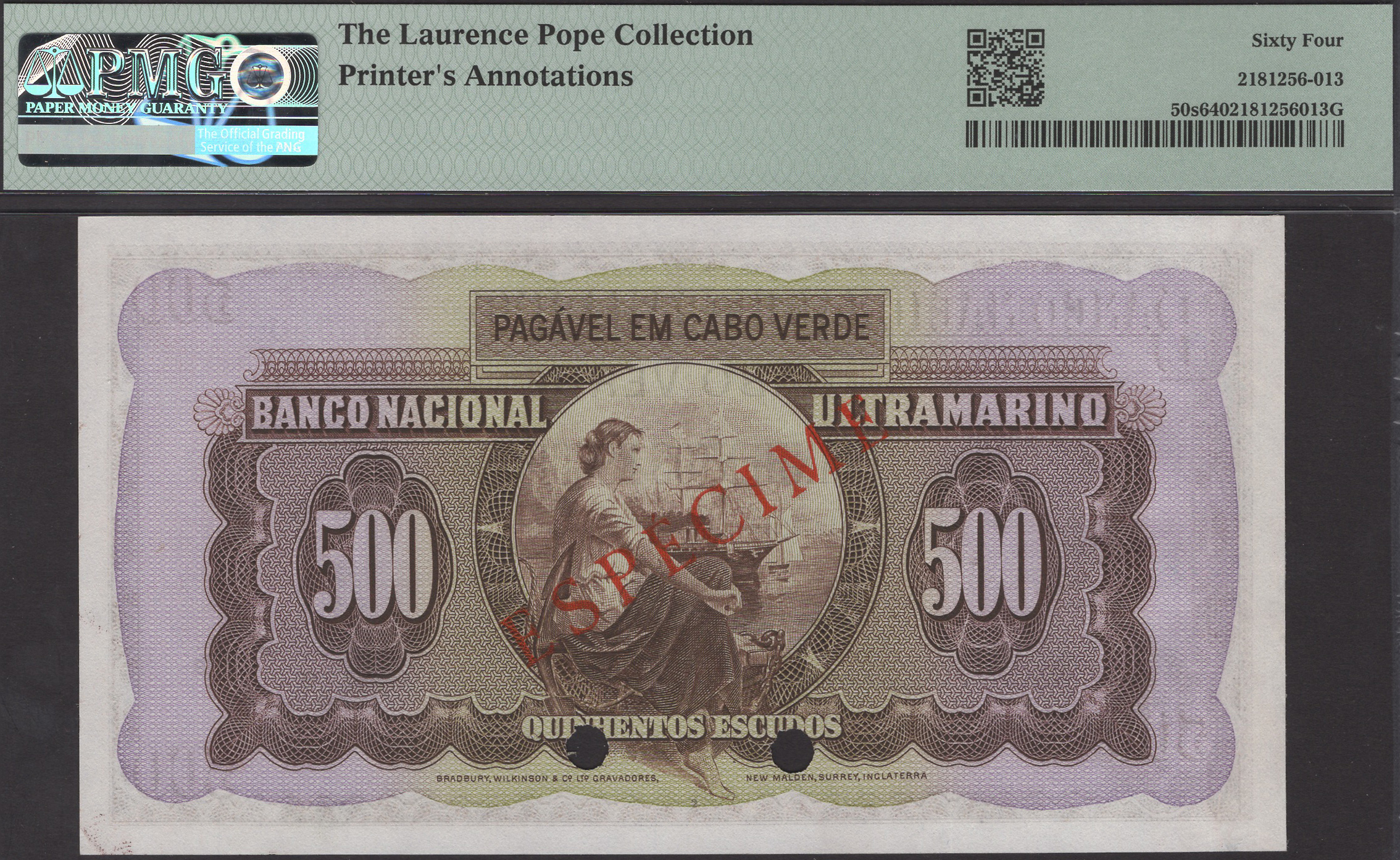 Banco Nacional Ultramarino, Cape Verde, specimen 500 Escudos, ND (1958), serial number... - Bild 2 aus 2