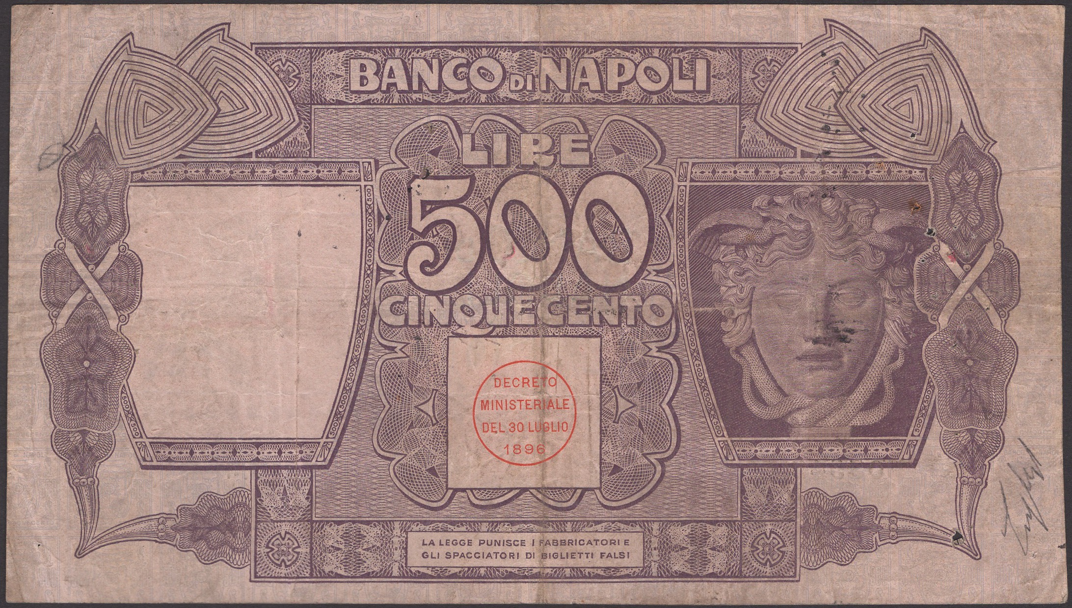 Banco di Napoli, 50 Lire, 15 July 1896, serial number A-1 07542, pinholes and minor... - Bild 2 aus 2