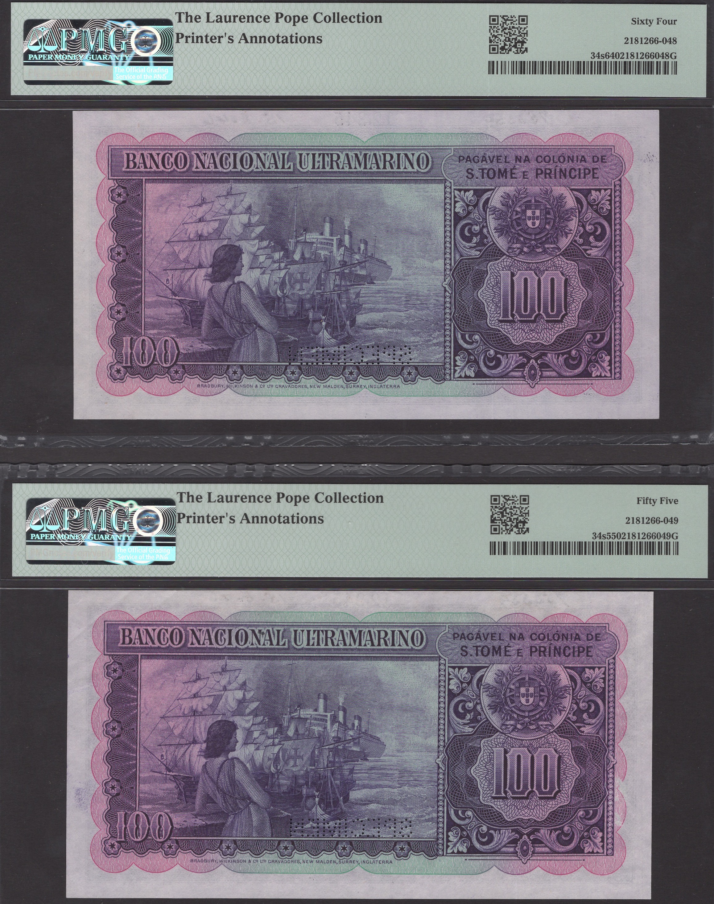 Banco Nacional Ultramarino, St Thomas & Prince, printers archival specimens for 100 Escudos... - Bild 2 aus 4