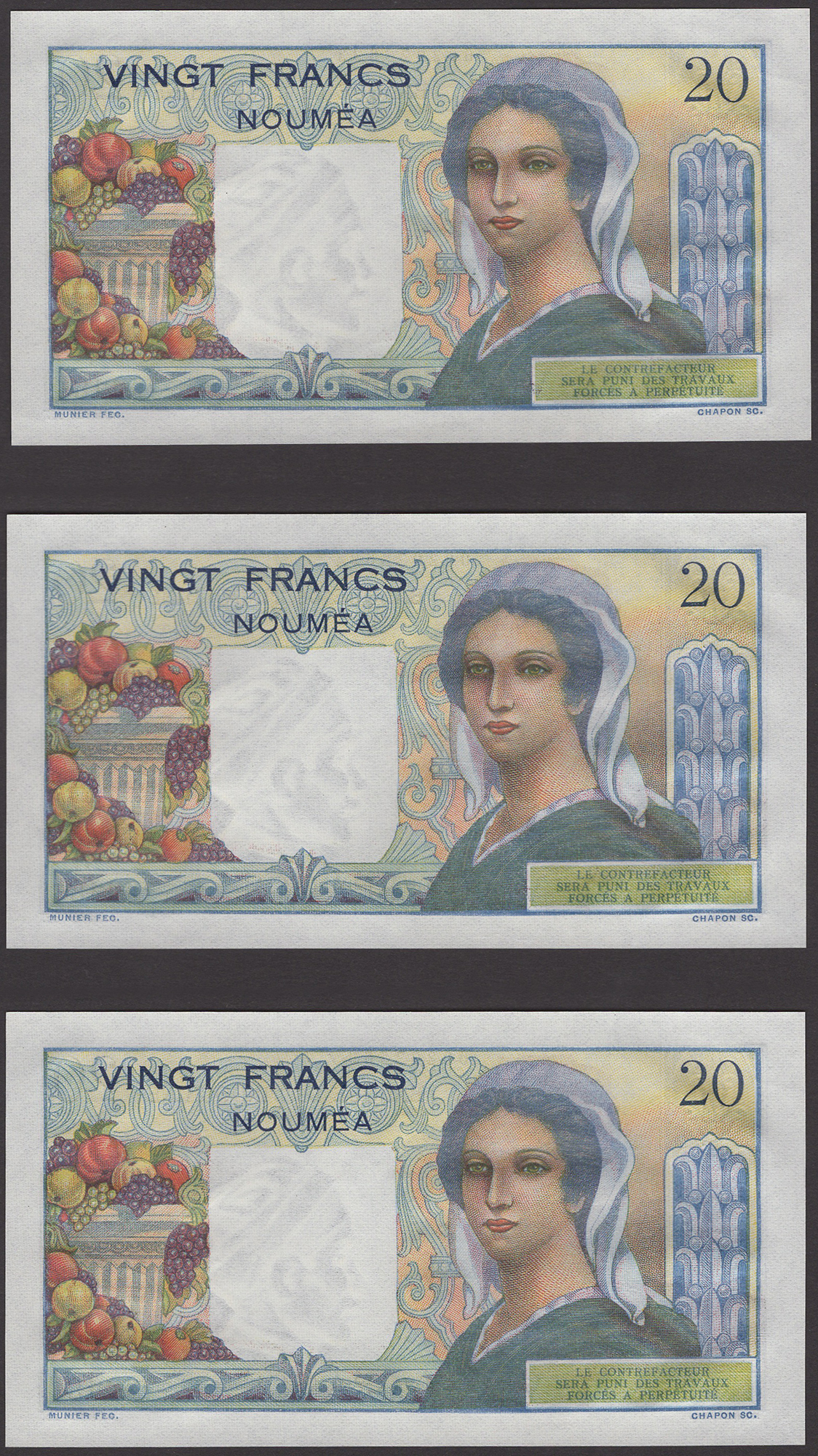 Banque de l'Indochine, New Caledonia, 20 Francs (5), ND (1951), serial number D.118 684-85... - Image 4 of 4