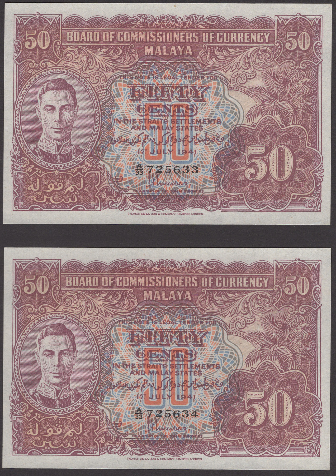 Board of Commissioners of Currency Malaya, 50 Cents (2), 1 July 1941, serial numbers A/33...