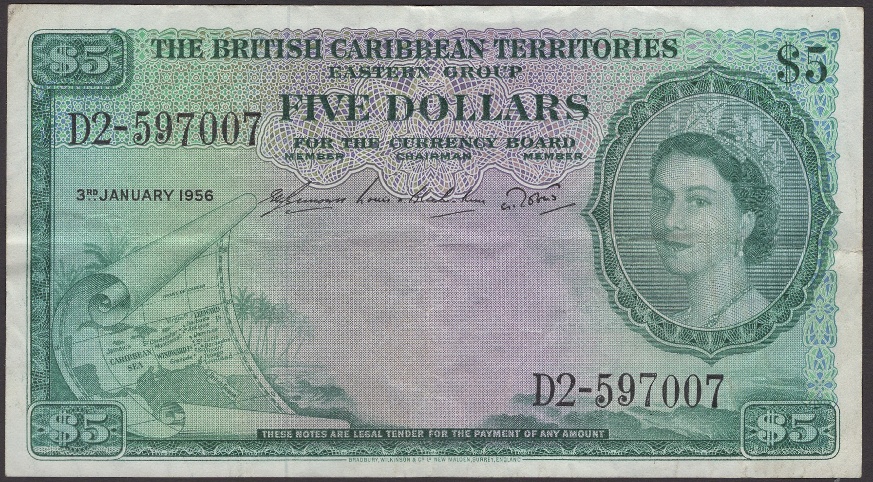 British Caribbean Territories, $5, 3 January 1956, serial number D2-597007, Burrowes,...