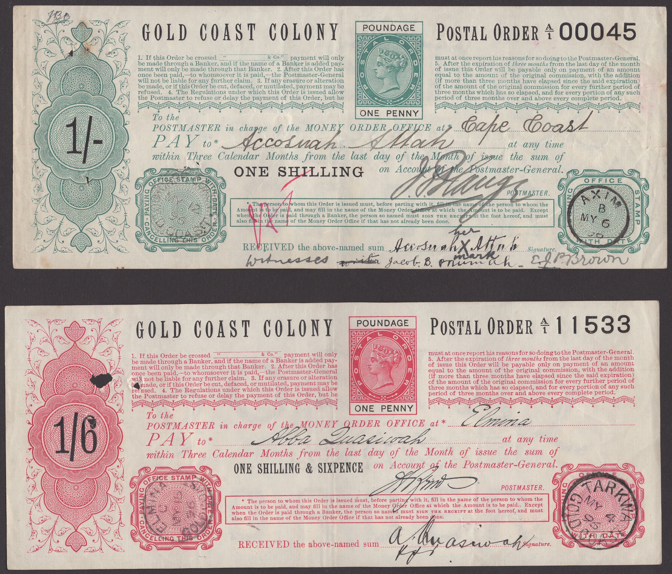 Gold Coast Colony (now Ghana), Postal Orders, a remarkable set of Victorian postal orders...