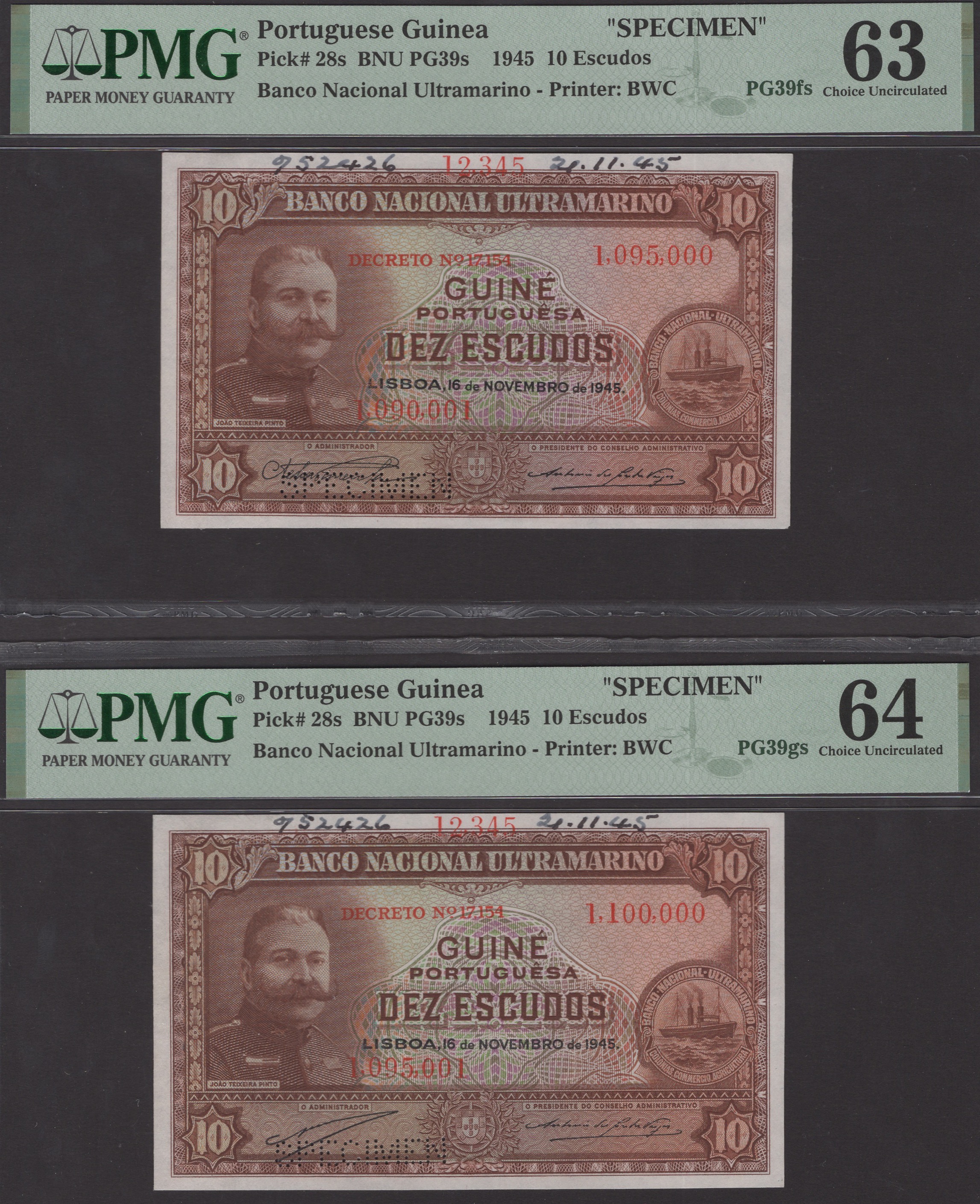 Banco Nacional Ultramarino, Portuguese Guinea, printers archival specimens for 10 Escudos...