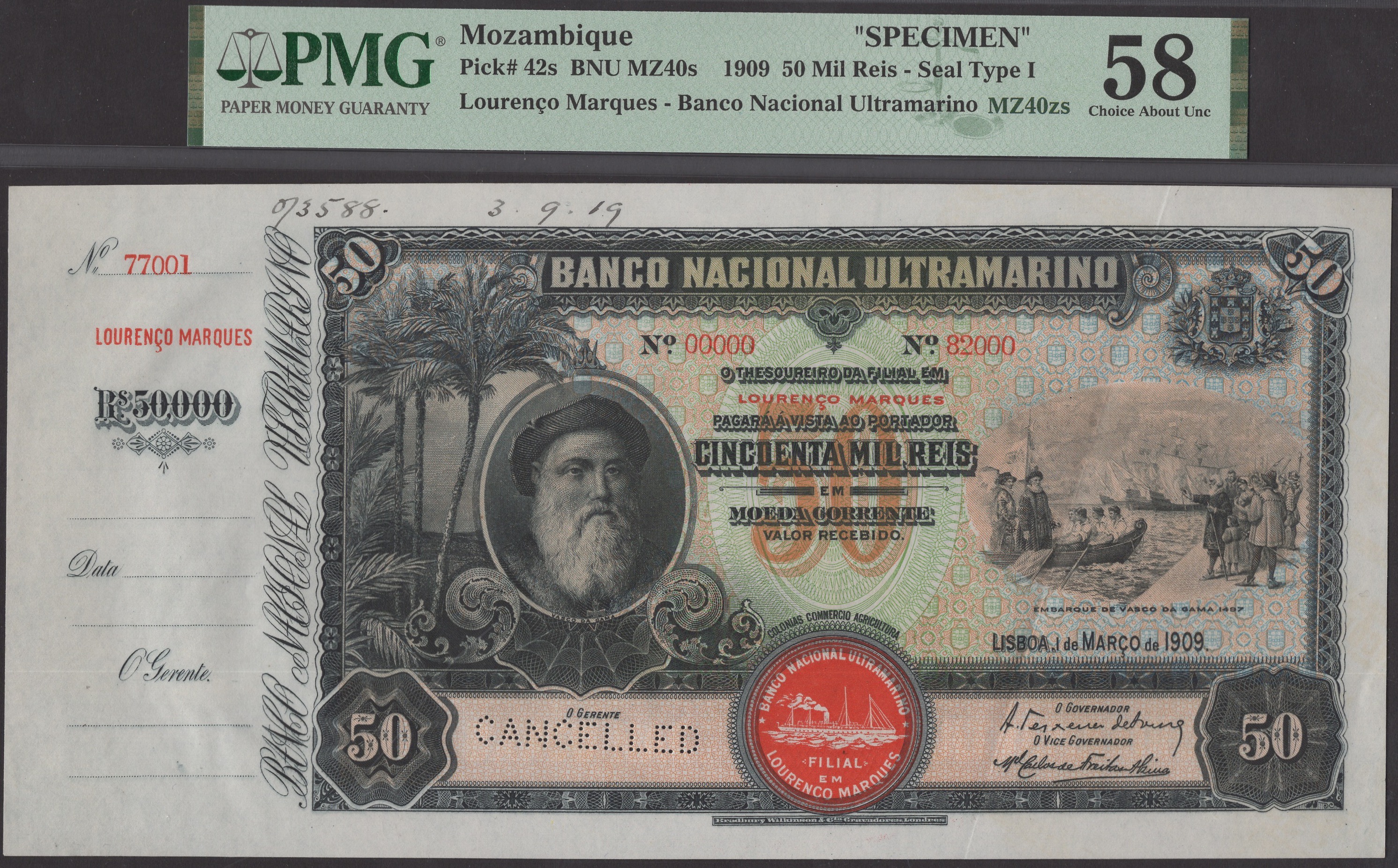 Banco Nacional Ultramarino, Mozambique, printers archival specimen 50 Mil Reis, 1 March...