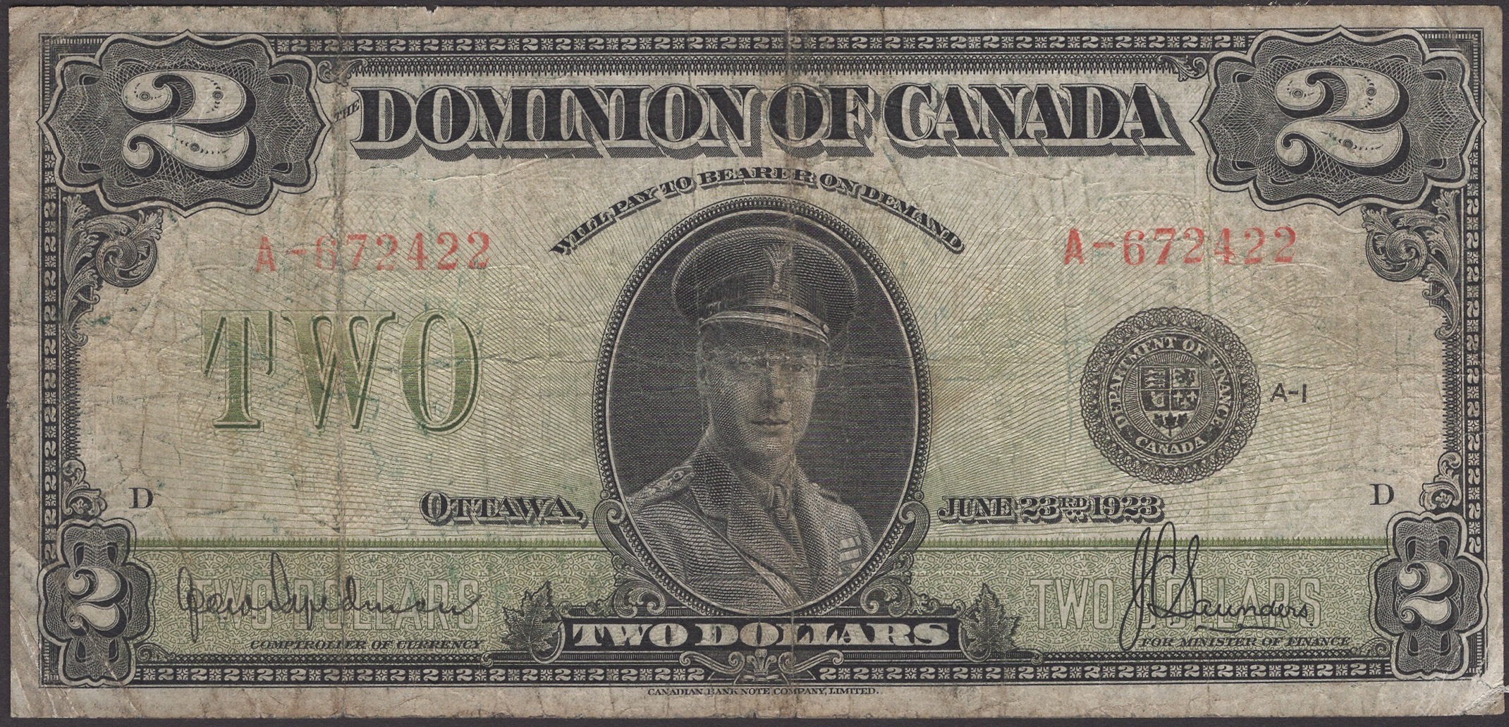 Dominion of Canada, $2, 23 June 1923, serial number A-672422, McCavour and Saunders...