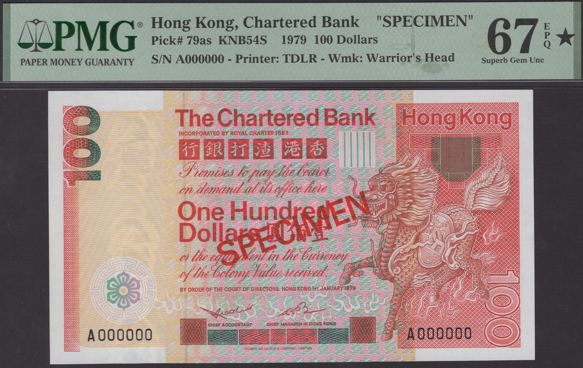 Chartered Bank, Hong Kong, specimen $100, 1 January 1979, serial number A000000, Gledhill...