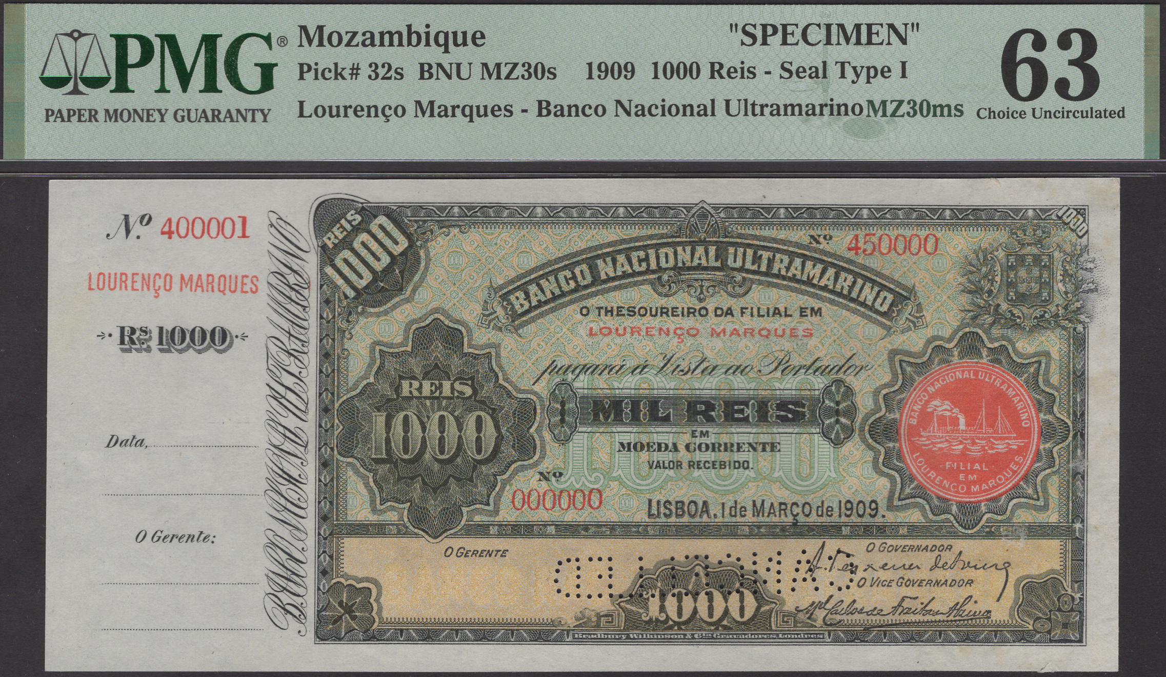 Banco Nacional Ultramarino, Mozambique, printers archival specimen 1000 Reis, 1 March 1909,...