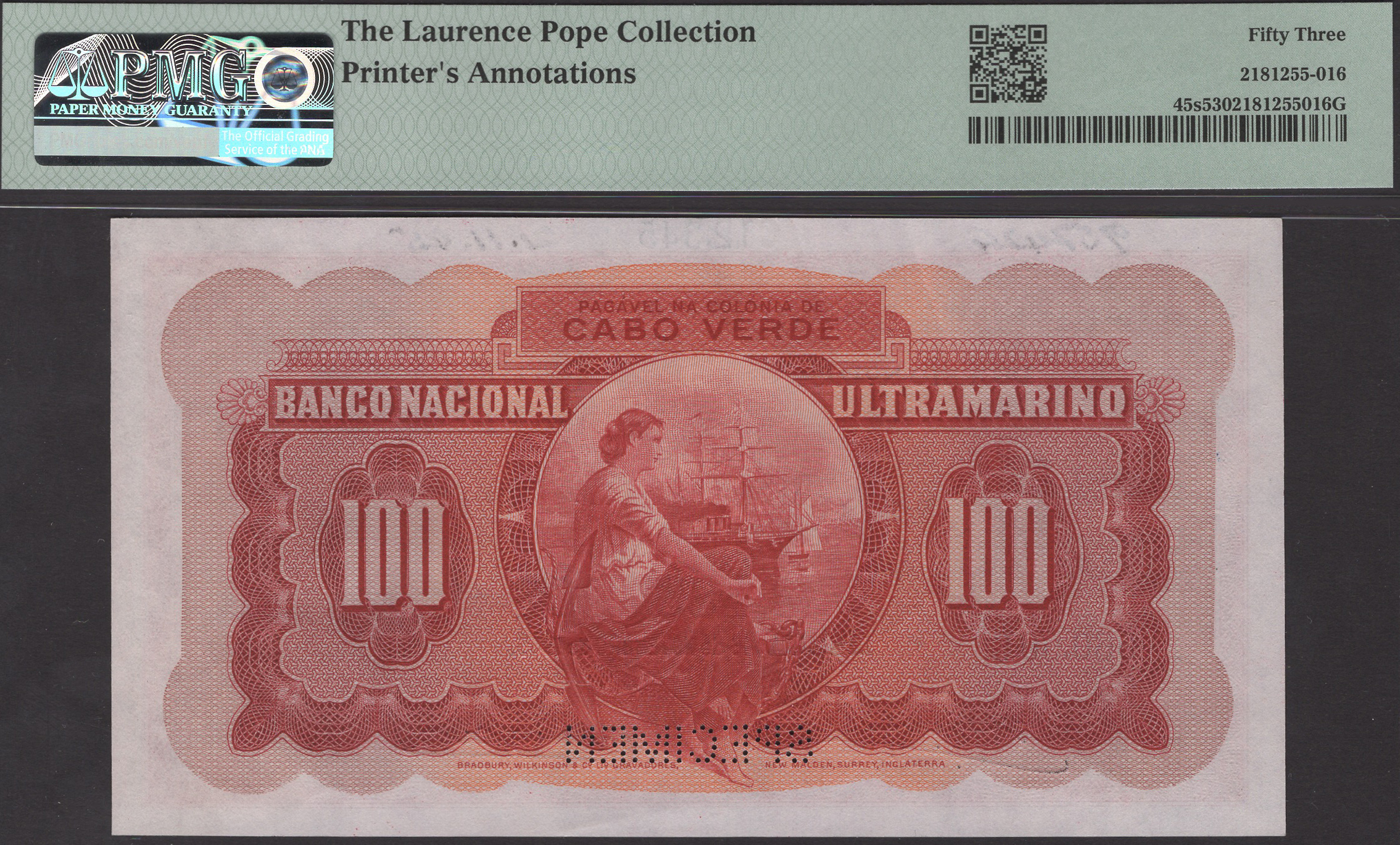 Banco Nacional Ultramarino, Cape Verde, printers archival specimen 100 Escudos (3), 16... - Image 4 of 4
