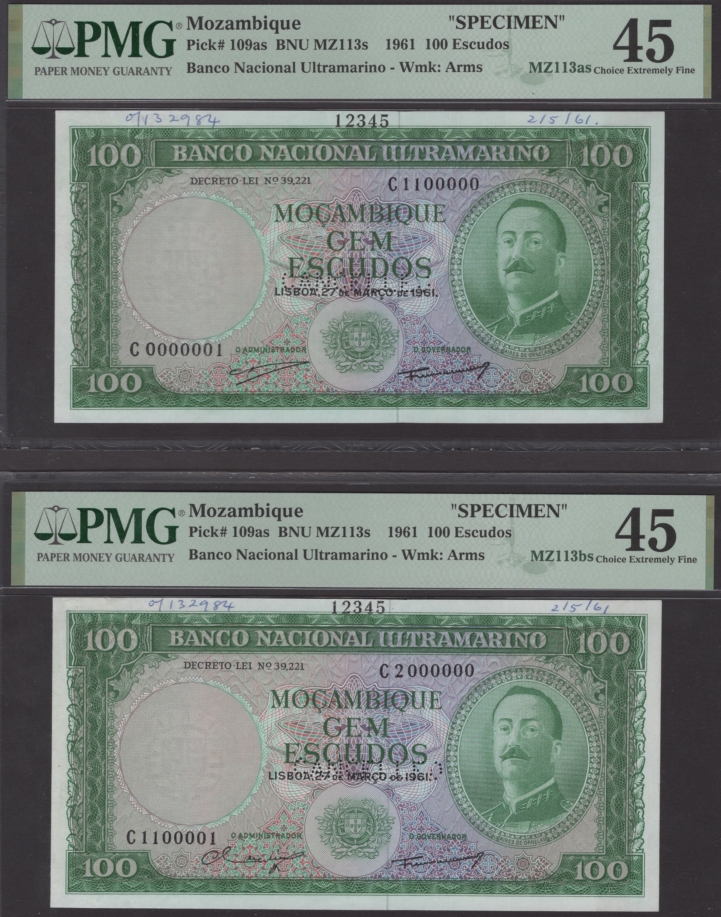 Banco Nacional Ultramarino, Mozambique, printers archival specimens for 100 Escudos (3), 27...