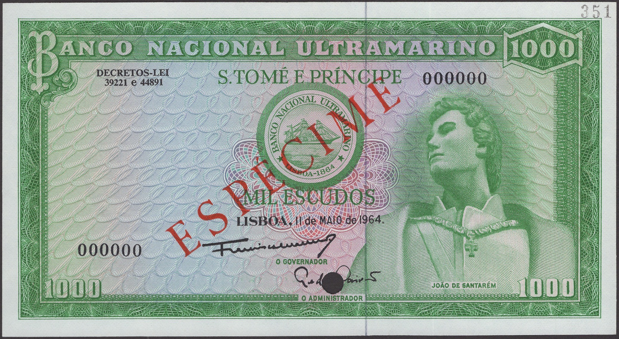 Banco Nacional Ultramarino, St Thomas & Prince, specimen 1000 Escudos, 11 May 1964, serial...