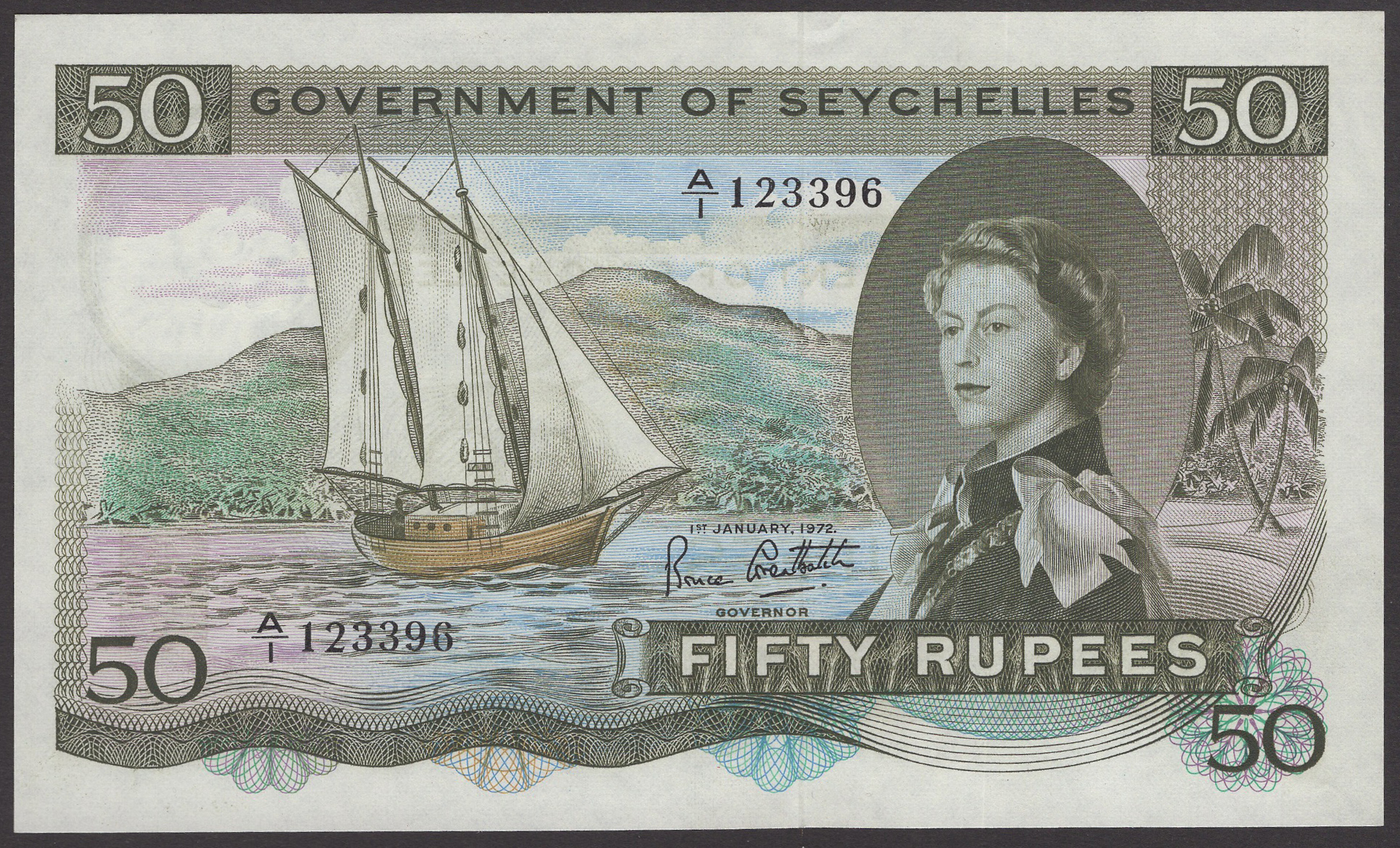 Government of Seychelles, 50 Rupees, 1 January 1972, serial number A/1 123396, Greatbach...