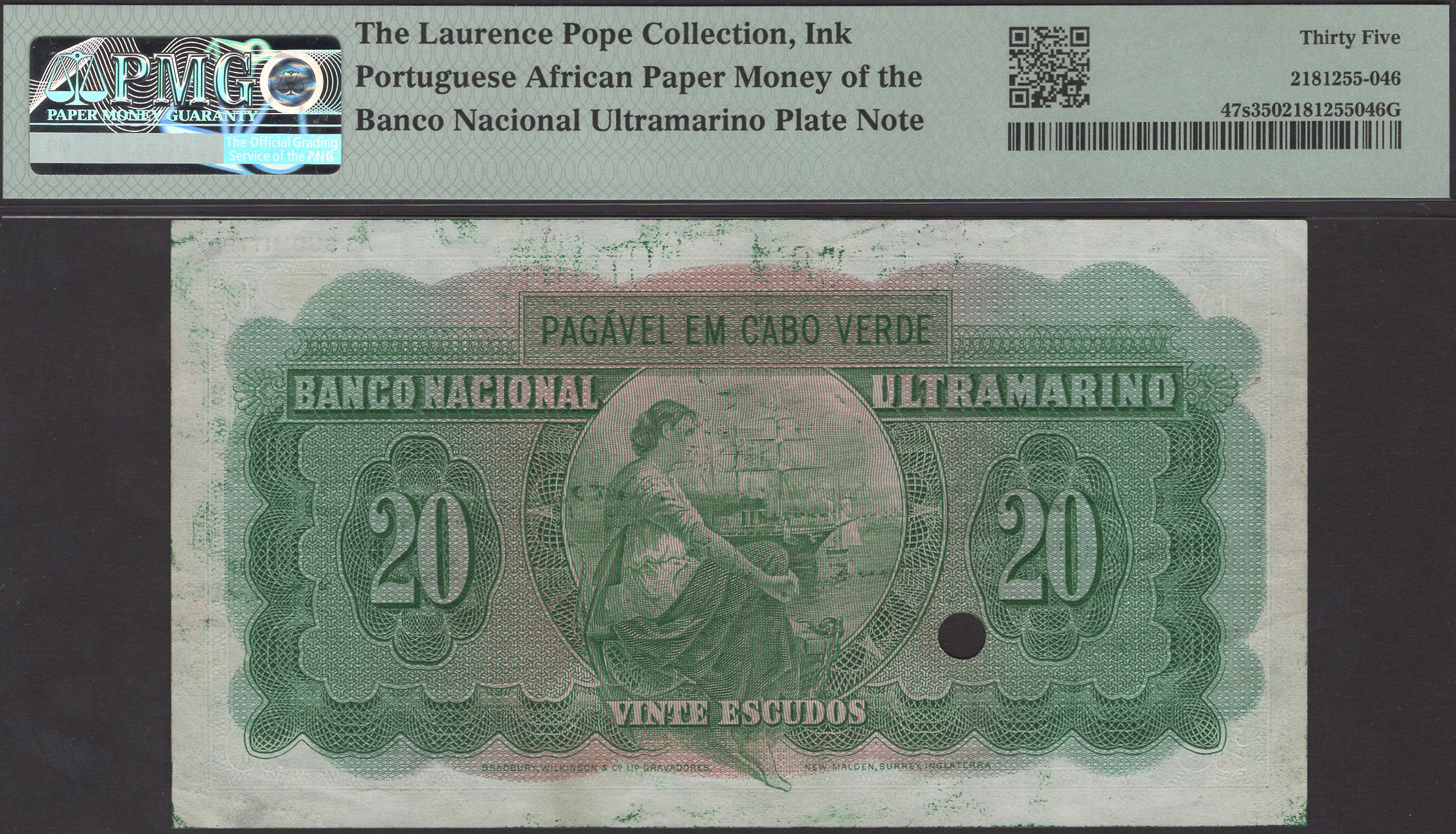Banco Nacional Ultramarino, Cape Verde, specimen proof 20 Escudos, 16 June 1958, serial... - Bild 2 aus 2