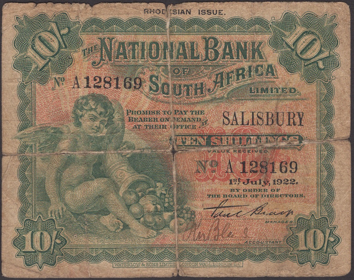 National Bank of South Africa, Rhodesian Issue, 10 Shillings, 1 July 1922, serial number A...