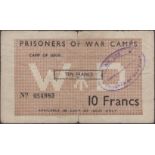 Prisoner of War Camps, France, 10 Francs, ND (1944-45), serial number 054983, handstamp on...