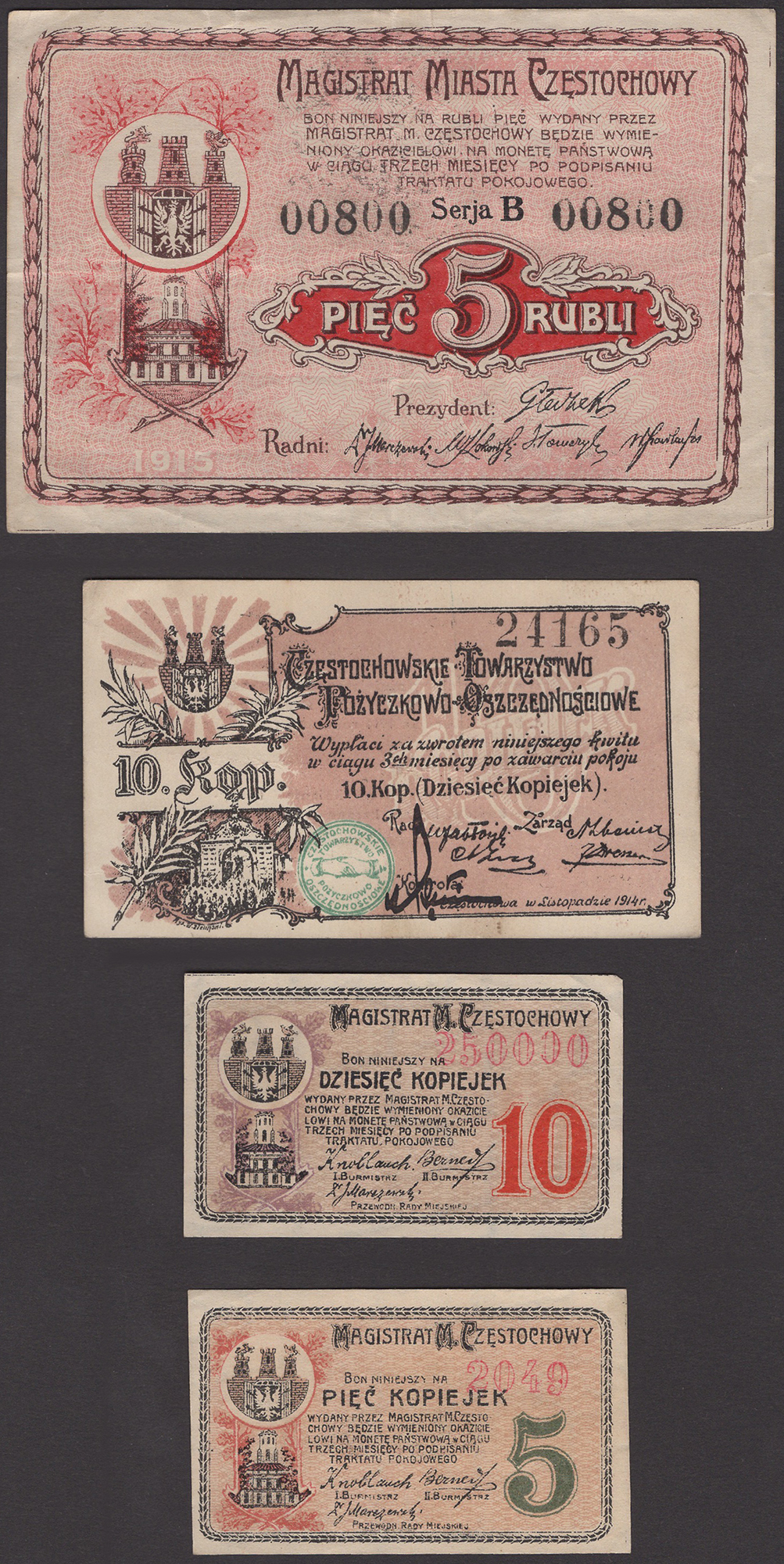 Magistrat Miasta Czestochowy, Poland, 5 Rubli, 1915, serial number B00800, 10 Kopeks, 1914,...
