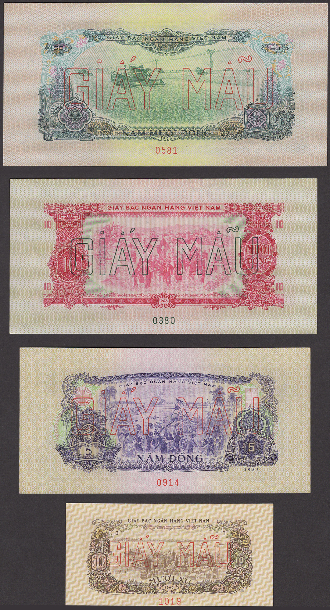 Bank of Vietnam, specimen 10, 20 and 50 Xu and 1, 2, 5, 10 and 50 Dong, 1966, zero serial... - Bild 2 aus 4