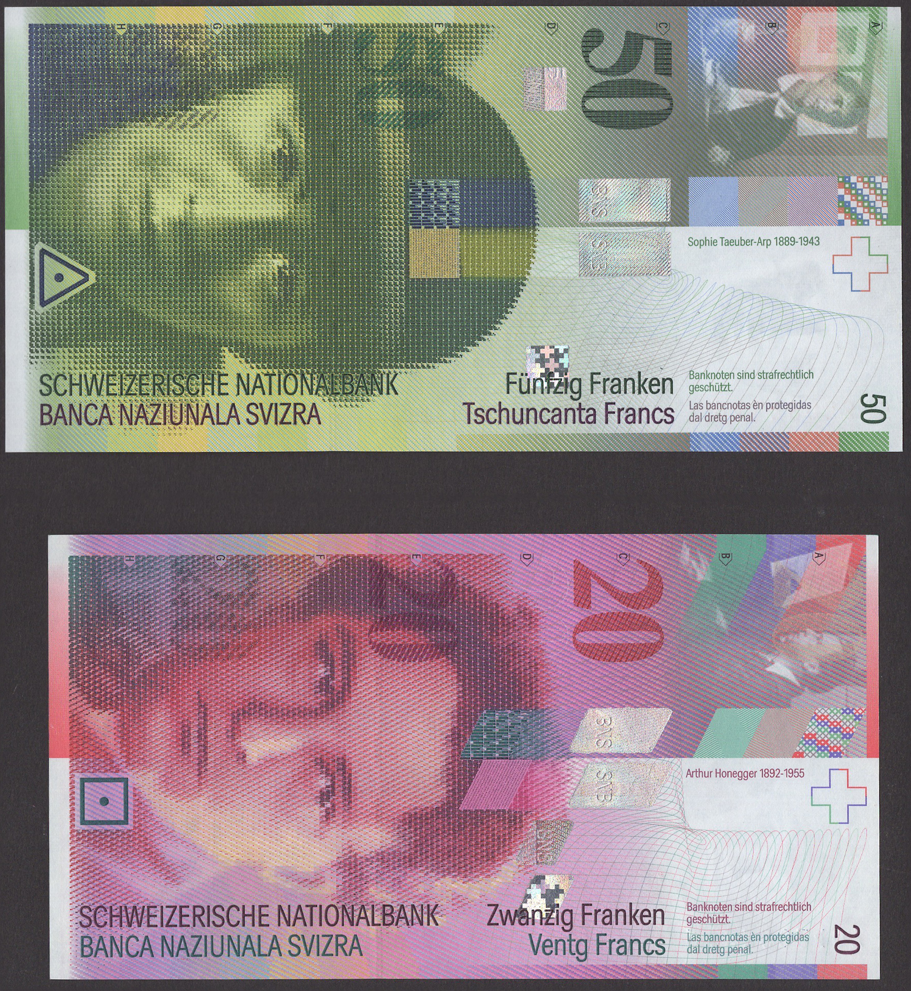 Schweiserische Nationalbank, 20 Franken, 1994, serial number 94F 3302407, also 50 Franken,...