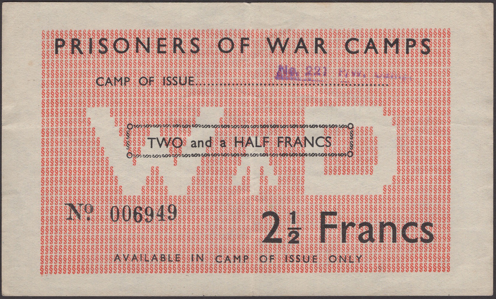 Prisoner of War Camps, France, 2 1/2 Francs, ND (1944-45), serial number 006949, handstamp...