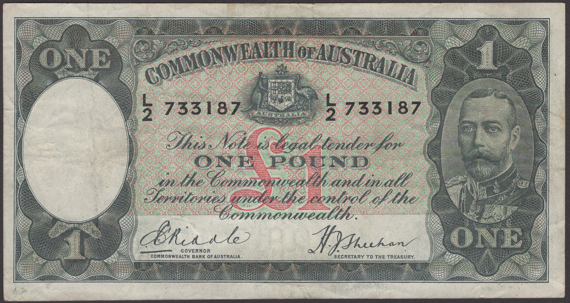 Commonwealth of Australia, Â£1, ND (1933-8), serial number L/2 733187, Riddle and Sheenan...