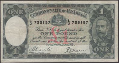 Commonwealth of Australia, Â£1, ND (1933-8), serial number L/2 733187, Riddle and Sheenan...